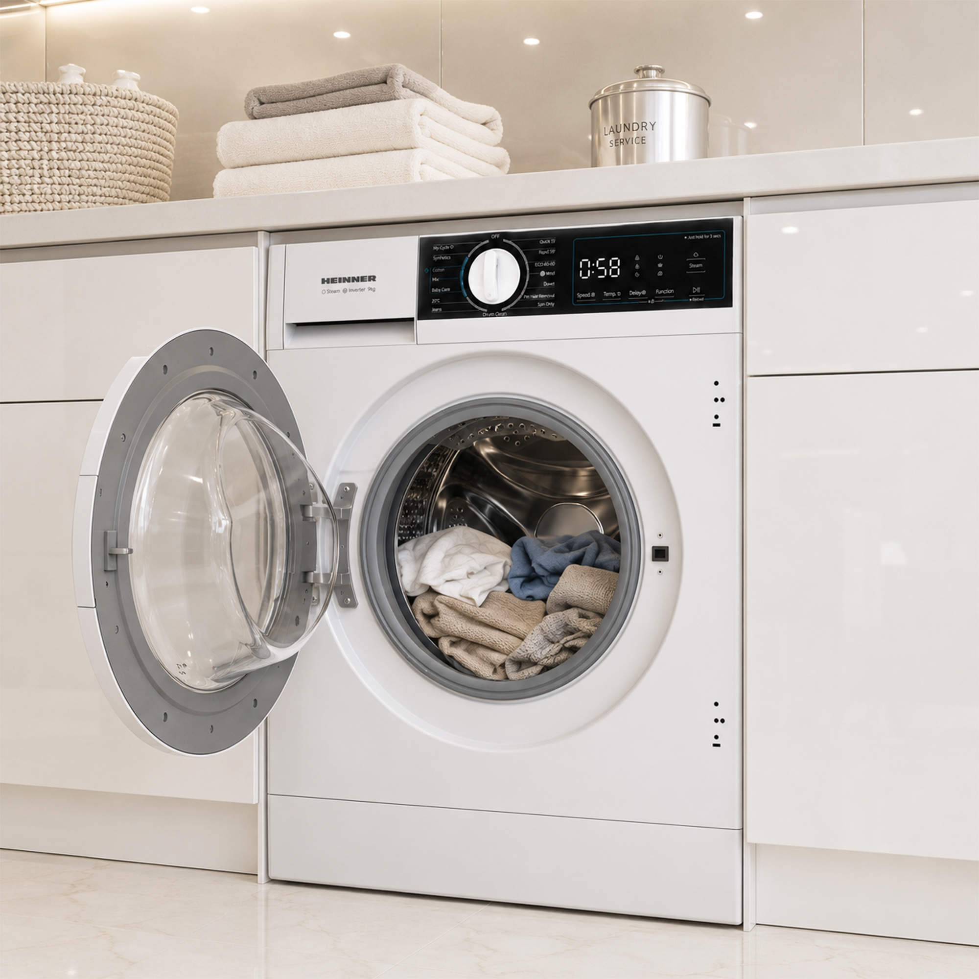 Un lave-linge blanc avec une porte ouverte se trouve dans une cuisine, rempli de linge.