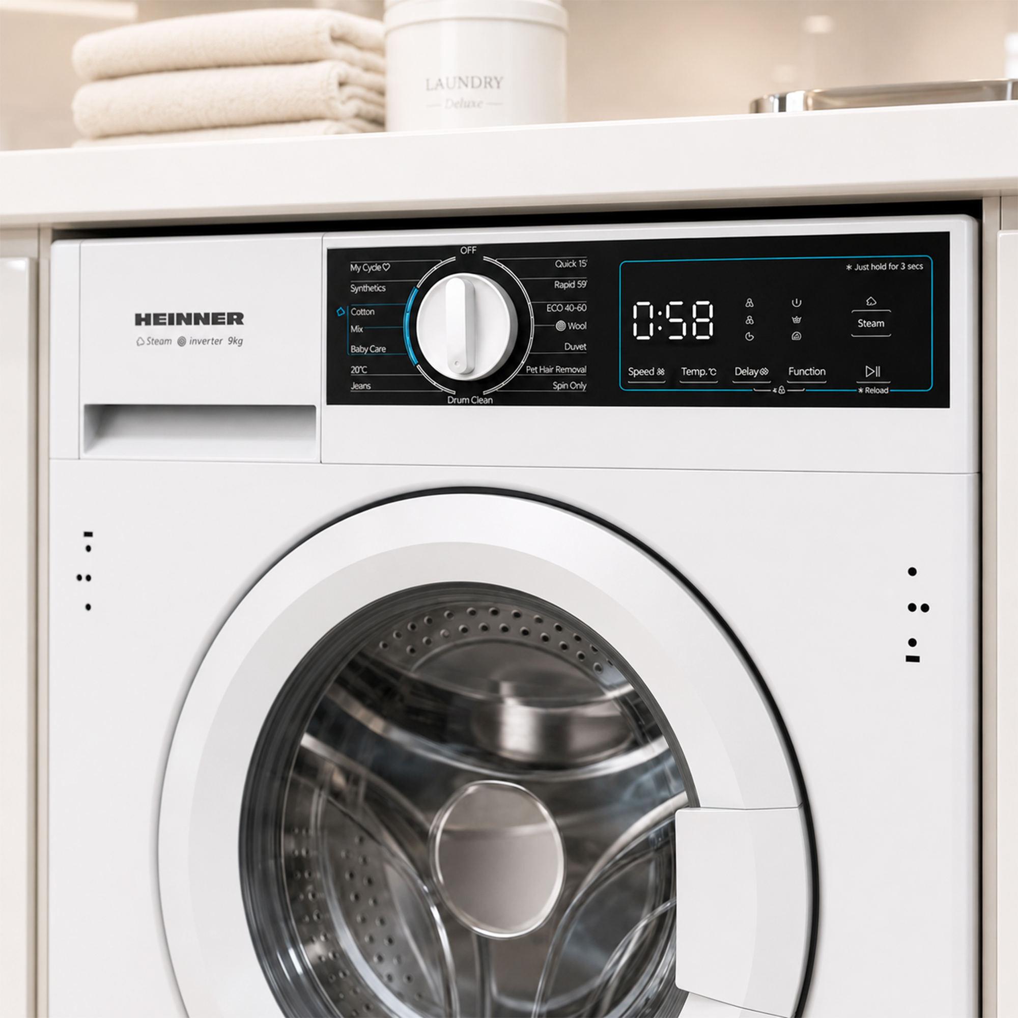 Un lave-linge blanc Heinner avec panneau de commande, écran numérique et serviettes pliées sur le dessus.