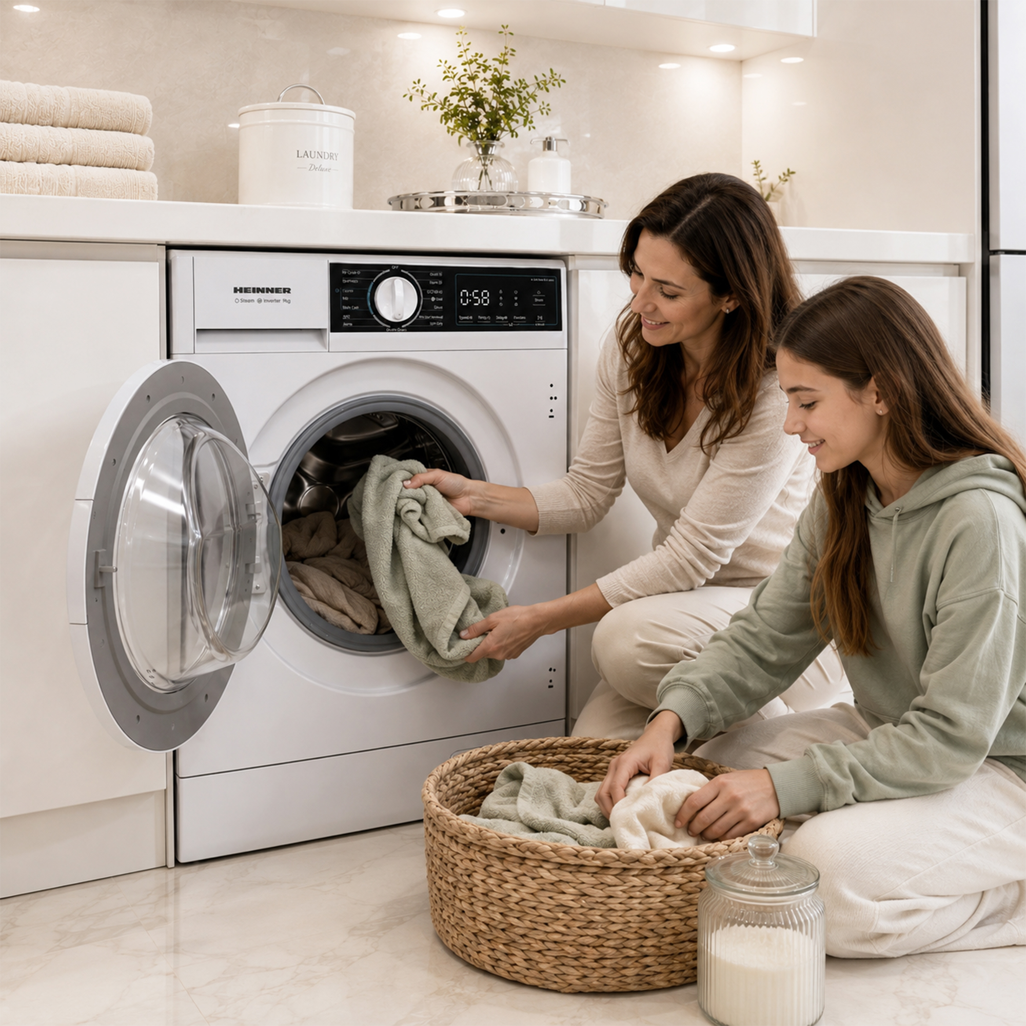 Une mère et sa fille chargent du linge dans un lave-linge blanc.