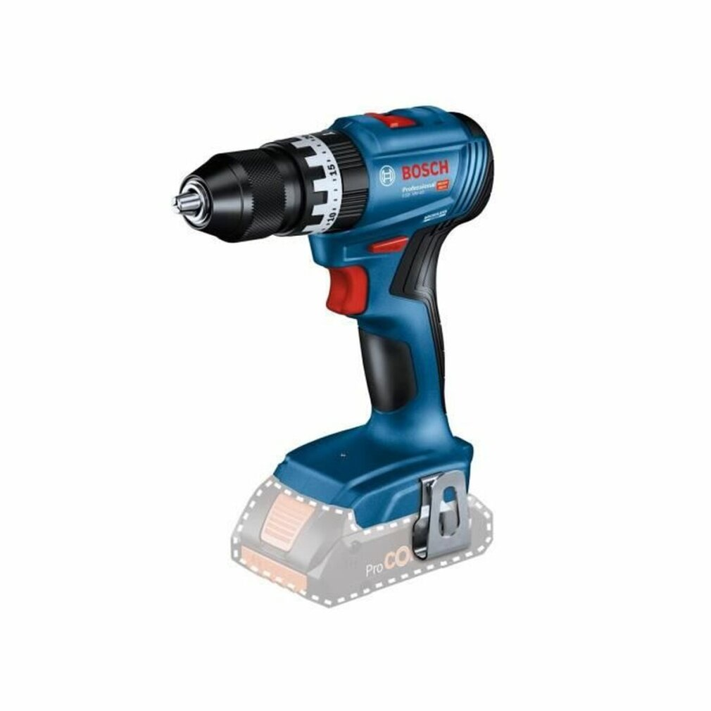 Perceuse sans fil Bosch bleue avec mandrin noir et échelle blanche sur fond blanc.