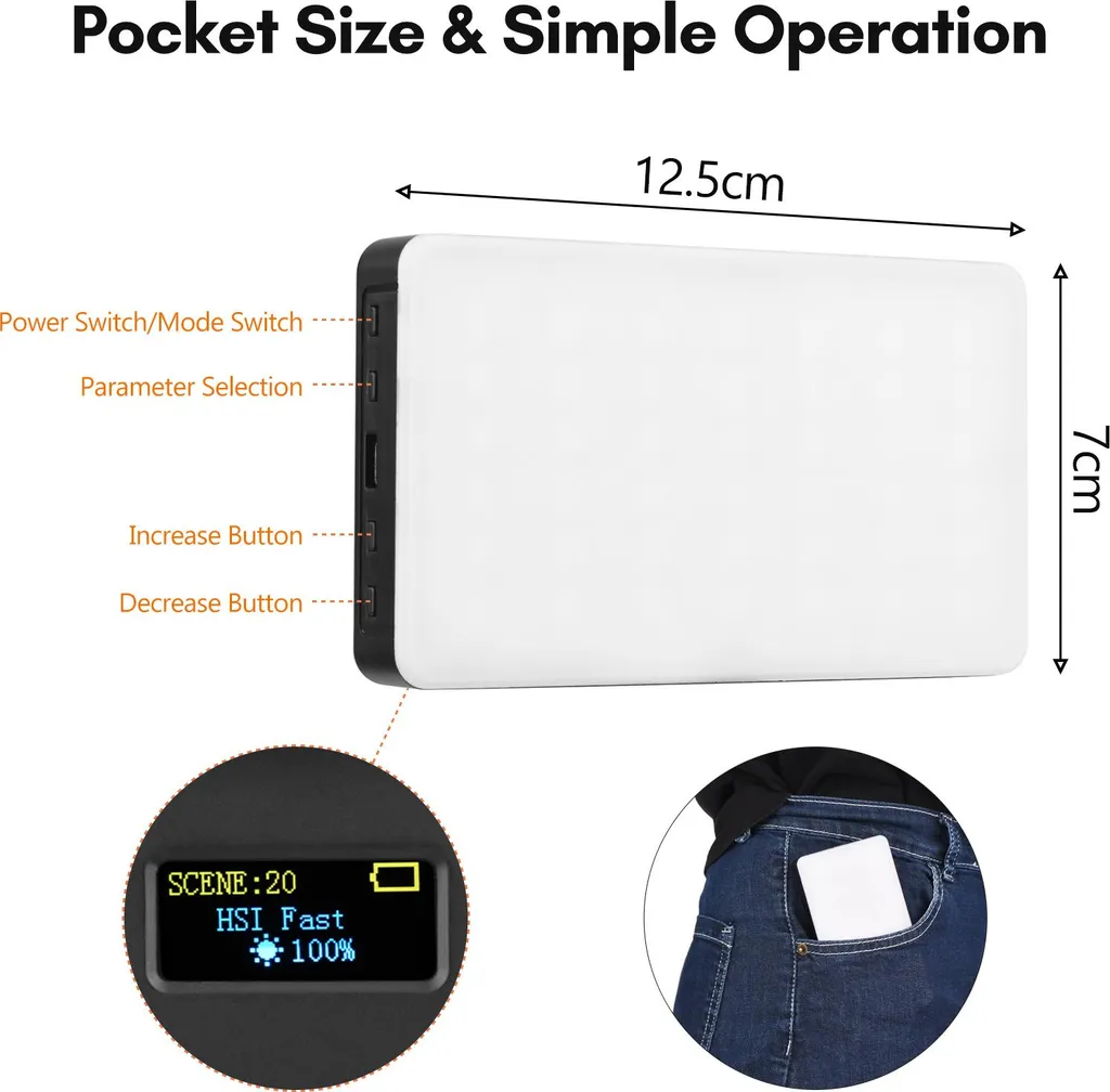 Diagramm eines kompakten LED-Panels mit Abmessungen, Tastenfunktionen, Bildschirm und Ansicht in einer Tasche.