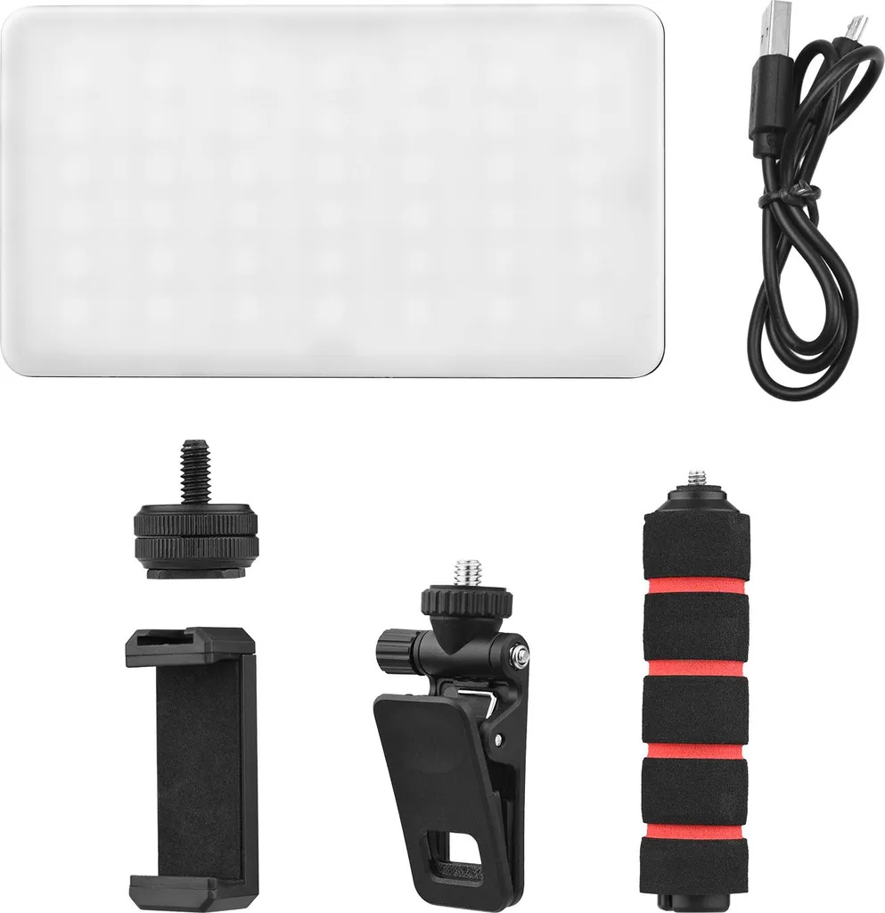 Ein rechteckiges weißes LED-Lichtpanel, ein schwarzes USB-Kabel, eine Handyhalterung, eine Klemme und ein Griff.