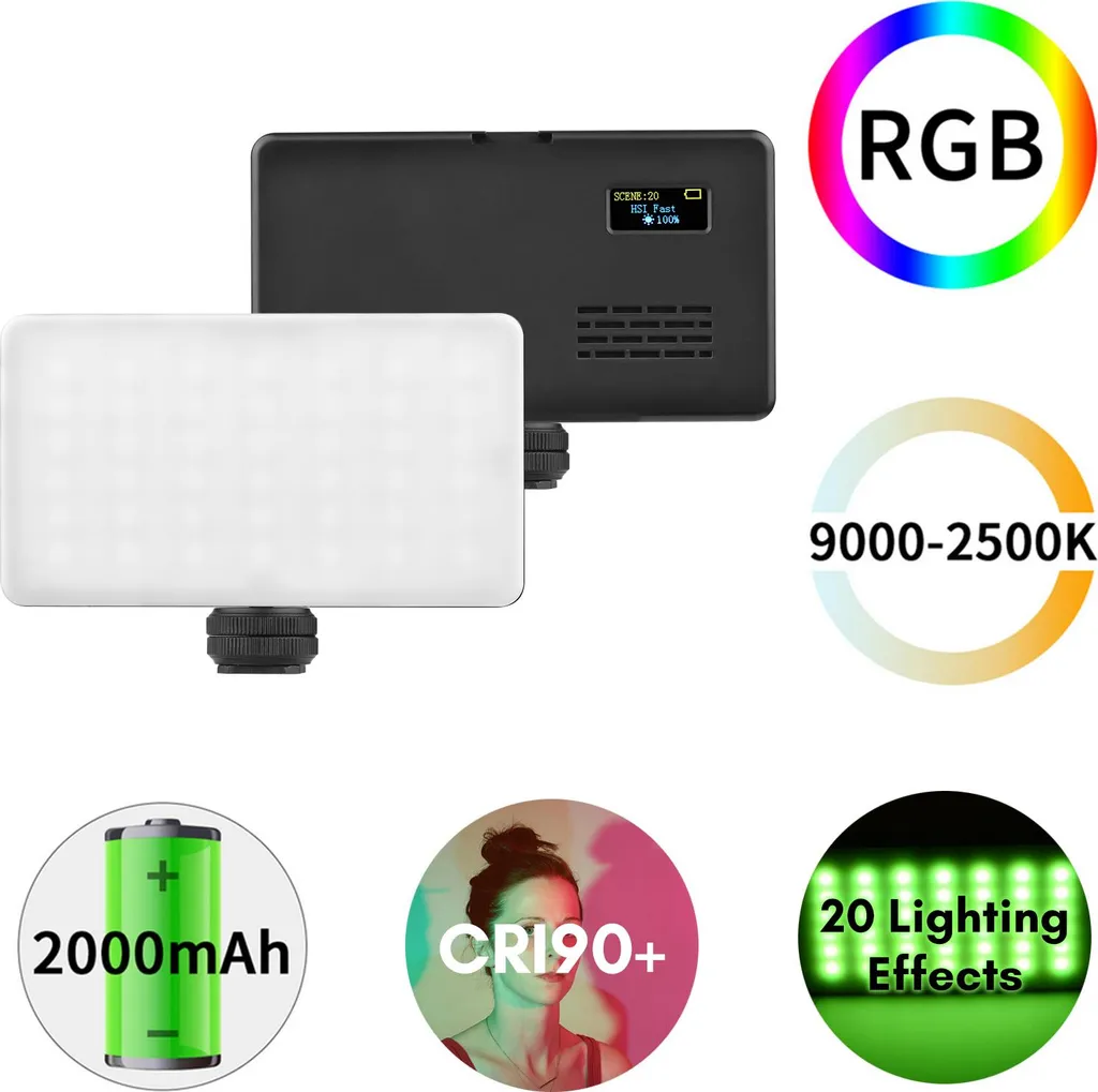 Tragbares LED-Panel mit RGB, einstellbarer Farbtemperatur, 2000mAh Akku und Effekten.