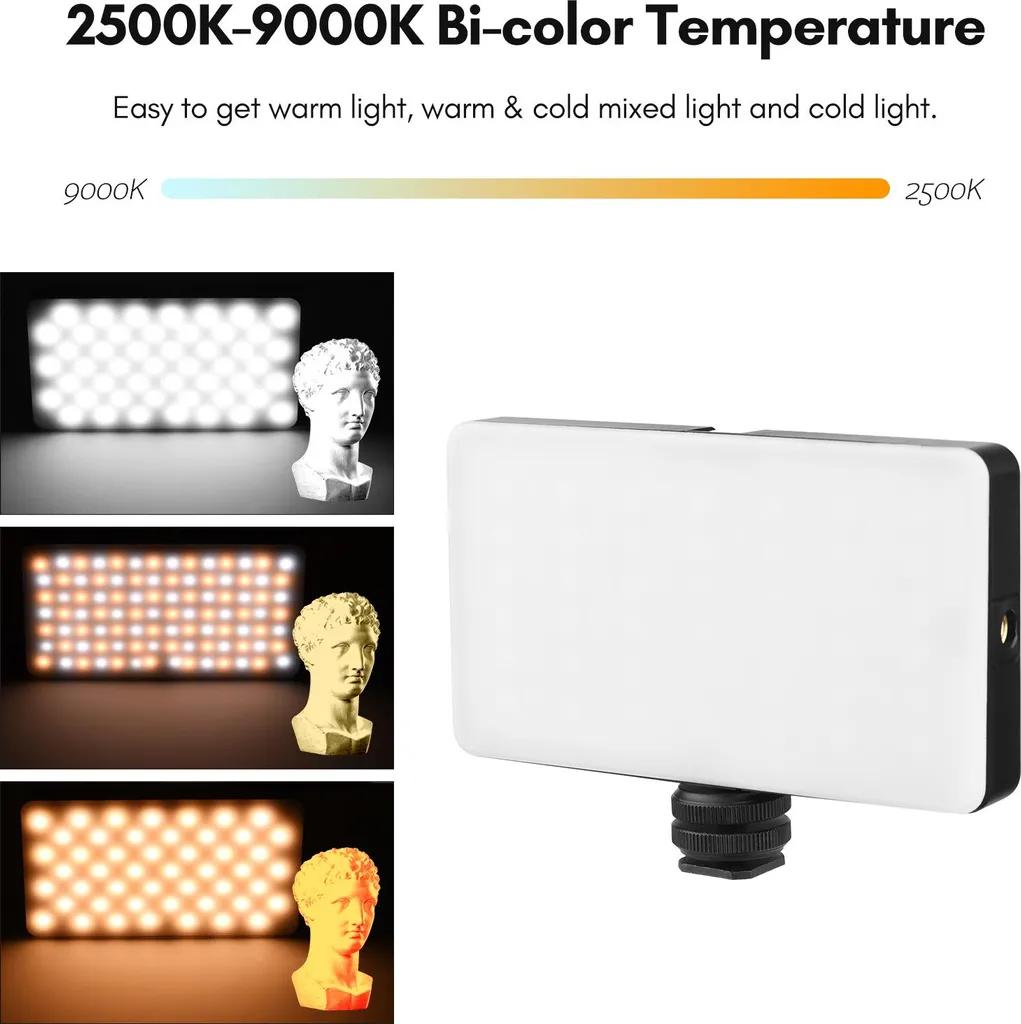 LED-Videoleuchte mit einstellbarer Farbtemperatur von 2500K bis 9000K, gezeigt in drei Lichttönen mit einer Büste.