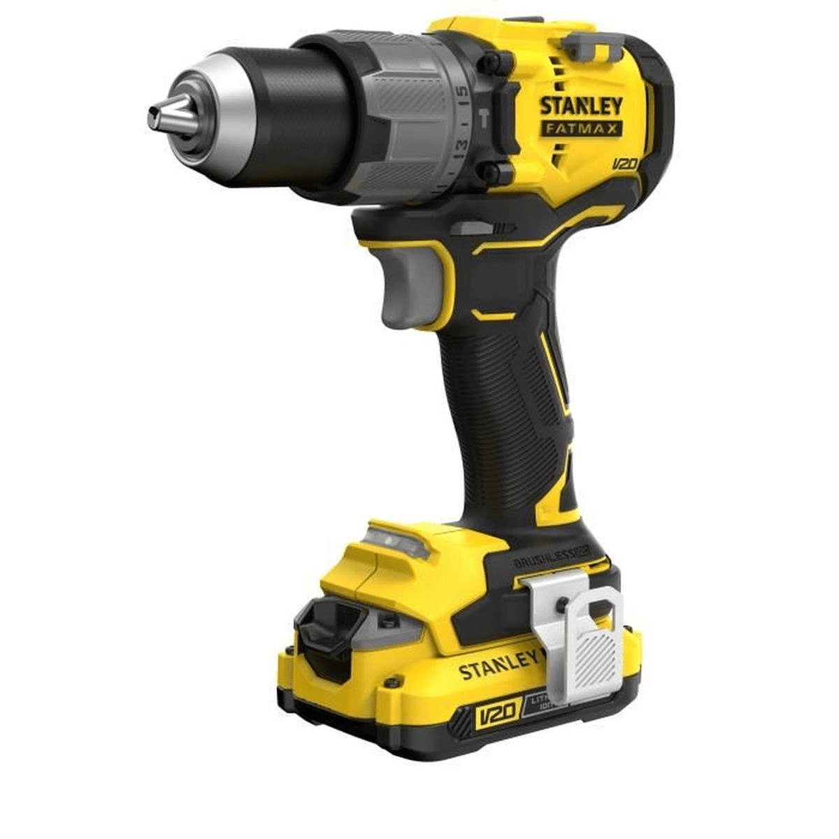 Un taladro inalambrico Stanley Fatmax amarillo y negro sobre fondo blanco.