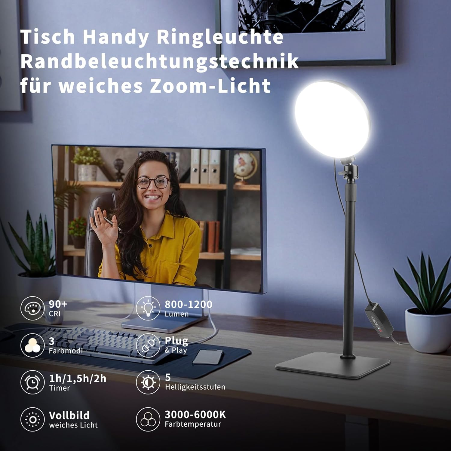 Ein Schreibtisch mit einer Ringleuchte auf einem Ständer, einem Computermonitor mit Videoanruf und deutschem Text.