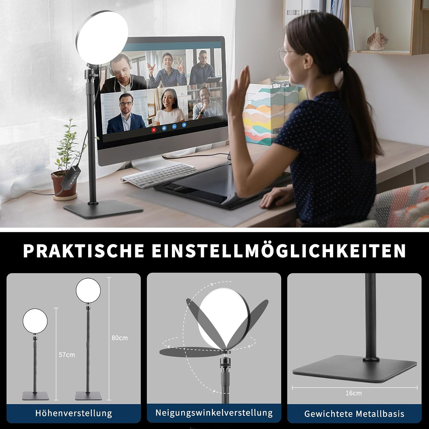 Frau sitzt an Computer in Videokonferenz, links eine Ringlampe mit Diagrammen zu Funktionen unten.