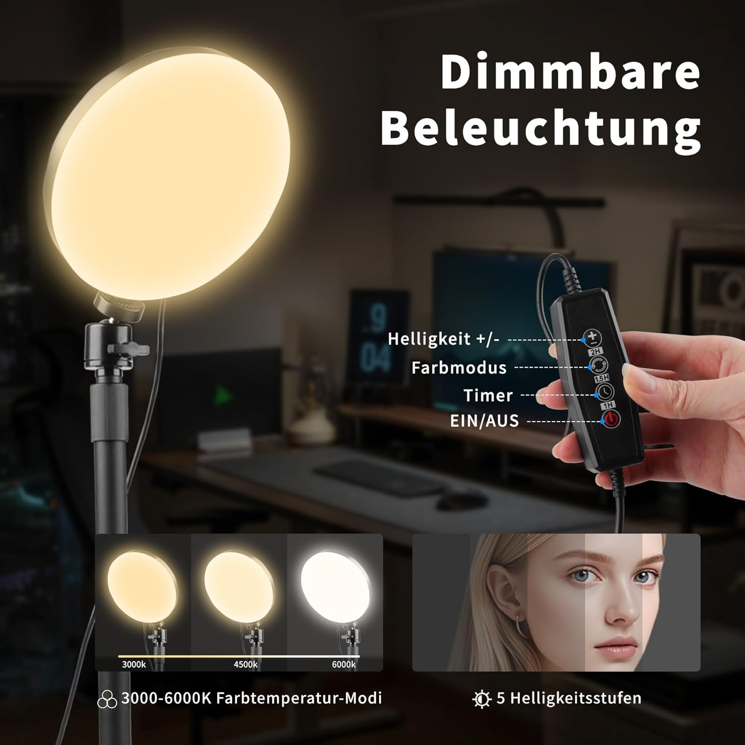 Eine runde, dimmbare Lampe mit Handregler zeigt Farbtemperatur- und Helligkeitseinstellungen in einem Raum.