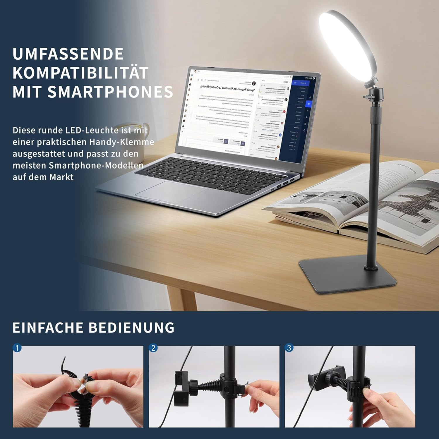 Laptop, beleuchtete LED-Lampe und Buch auf Schreibtisch, mit Schritten zur Montage einer Smartphone-Halterung.
