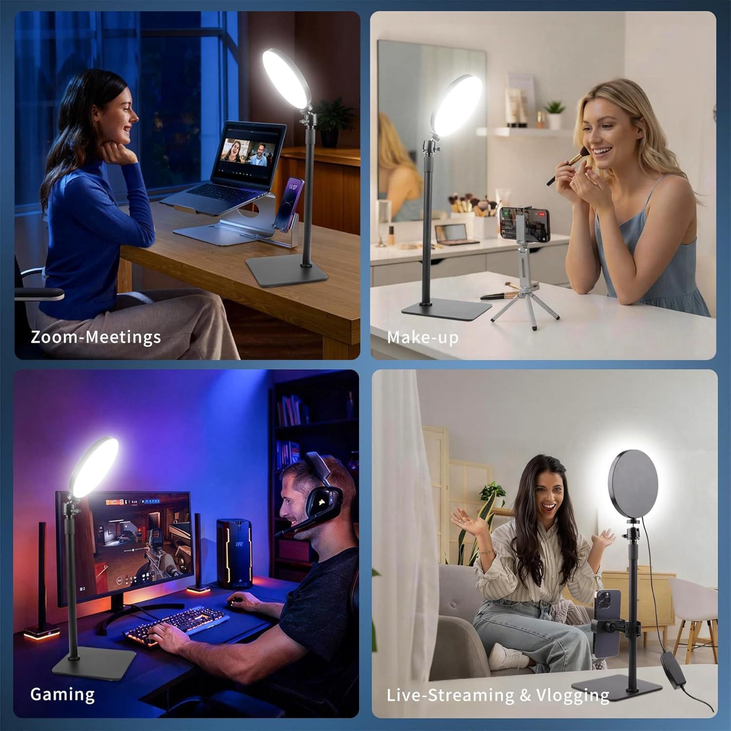 Vier Bilder zeigen eine Ringlampe bei Videocalls, Make-up, Gaming und Livestreaming.