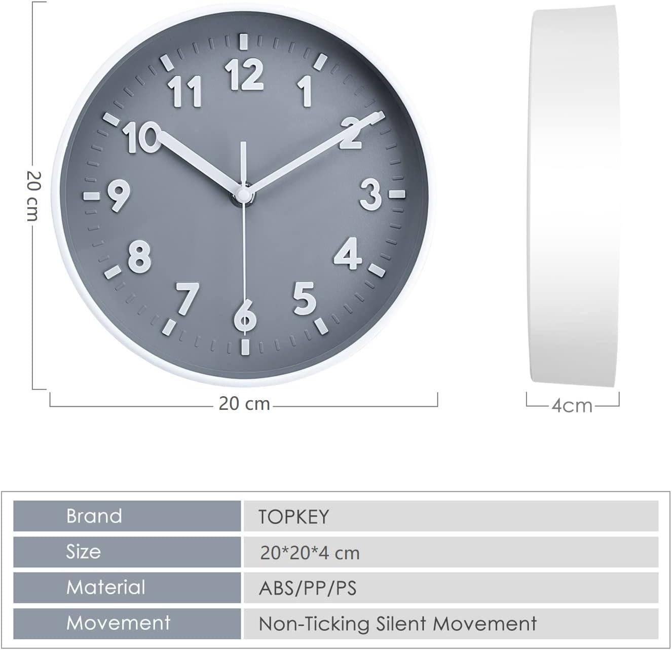 Graue Wanduhr mit weißen Zahlen, 20 cm Durchmesser und 4 cm Tiefe, mit Maßen und Produktdetails.