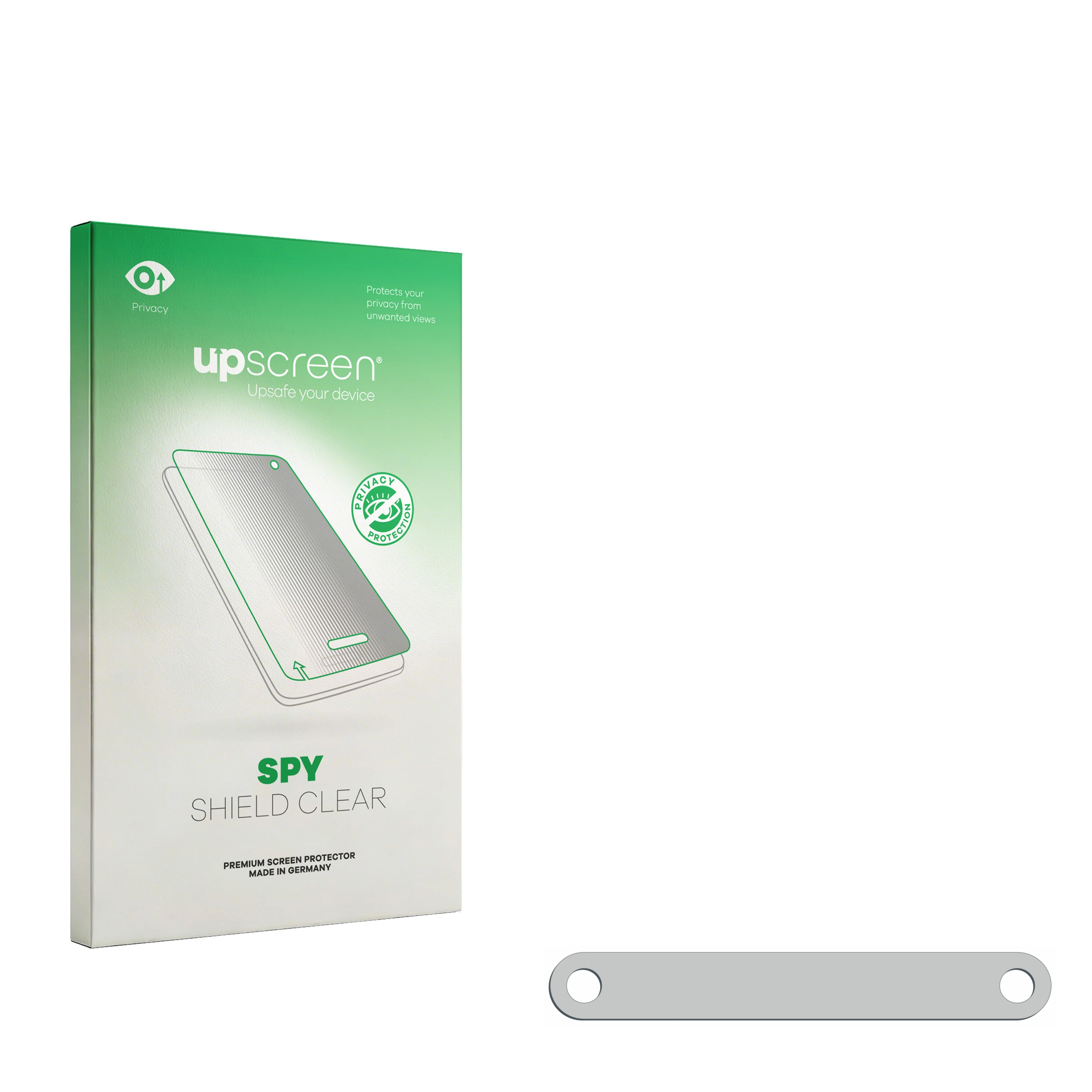 Grüne upScreen Spy Shield Clear Displayfolie Verpackung mit einer kleinen Metallplatte unten rechts.