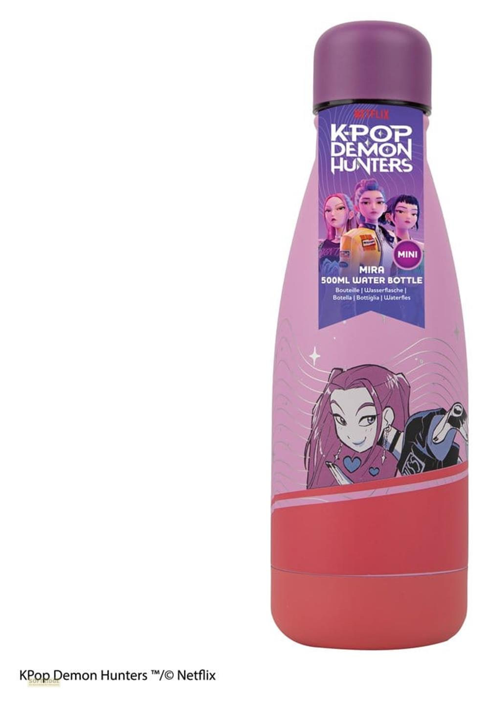 Rosa 500ml-Wasserflasche mit KPop Demon Hunters-Motiv und violettem Schraubverschluss.