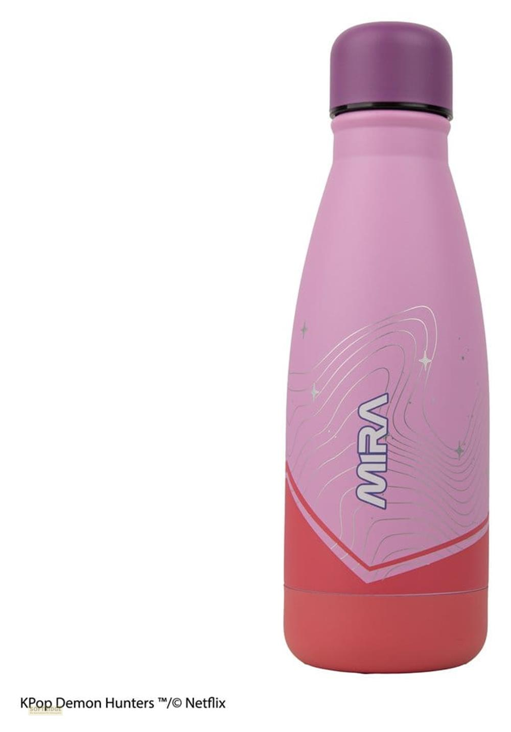 Rosa-rote MIRA Trinkflasche mit lila Deckel und silbernen Linien.