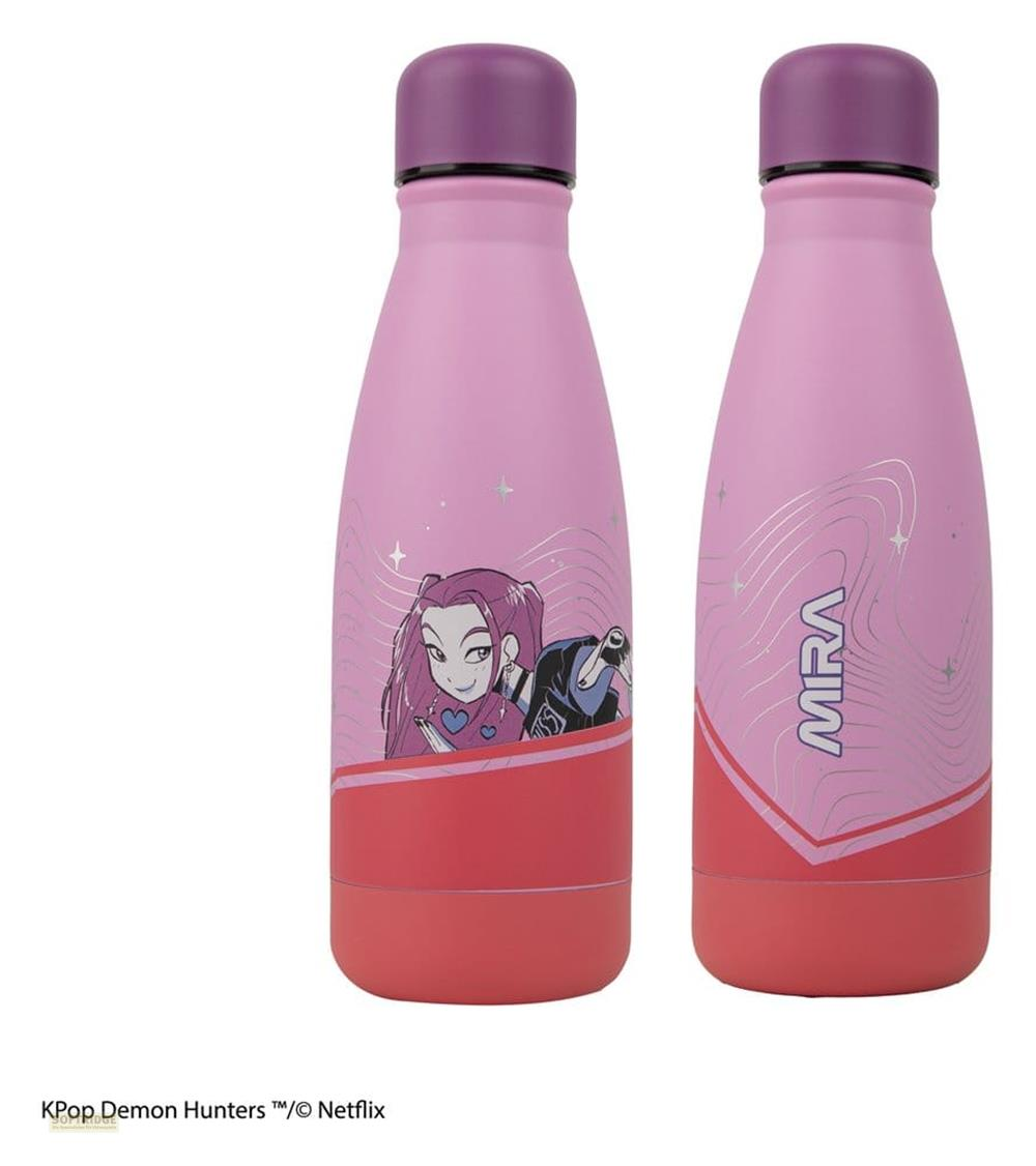 Zwei rosa Metall-Wasserflaschen mit lila Kappen, mit einer Anime-Figur und dem Wort MIRA auf weißem Hintergrund.
