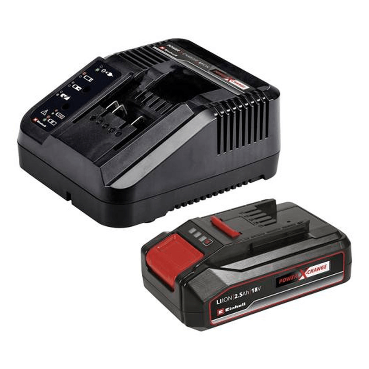 Un cargador de batería Einhell negro con una batería de iones de litio de 18V roja y negra sobre fondo blanco.