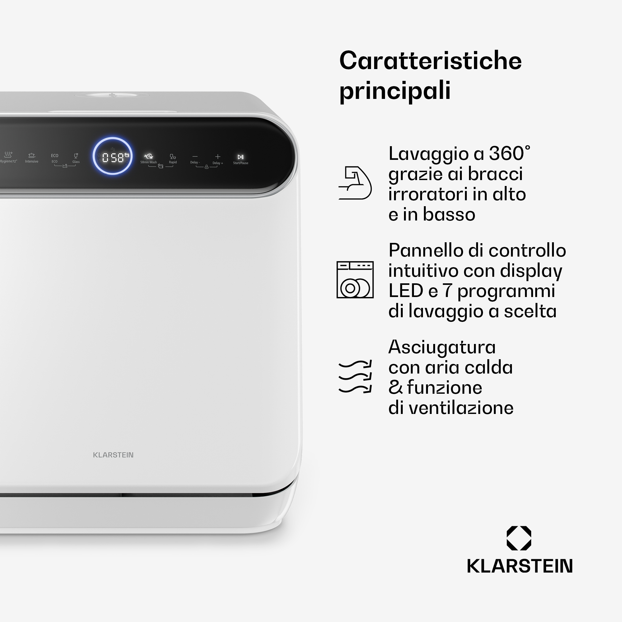 Klarstein Spülmaschine mit Touch-Bedienfeld und Merkmalen wie 360-Grad-Wäsche und LED-Display.