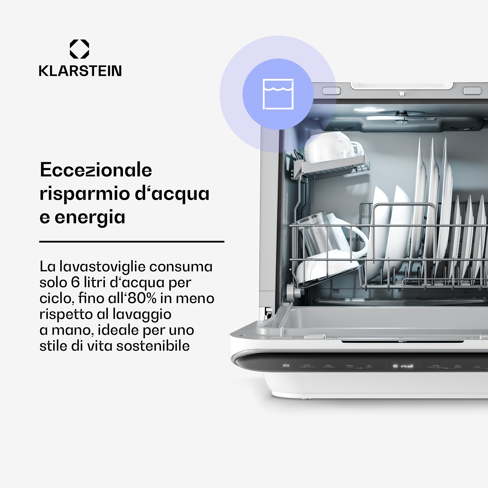 Ein geöffneter Klarstein Geschirrspüler mit sauberem Geschirr und italienischem Text über Wasser- und Energieeinsparung.