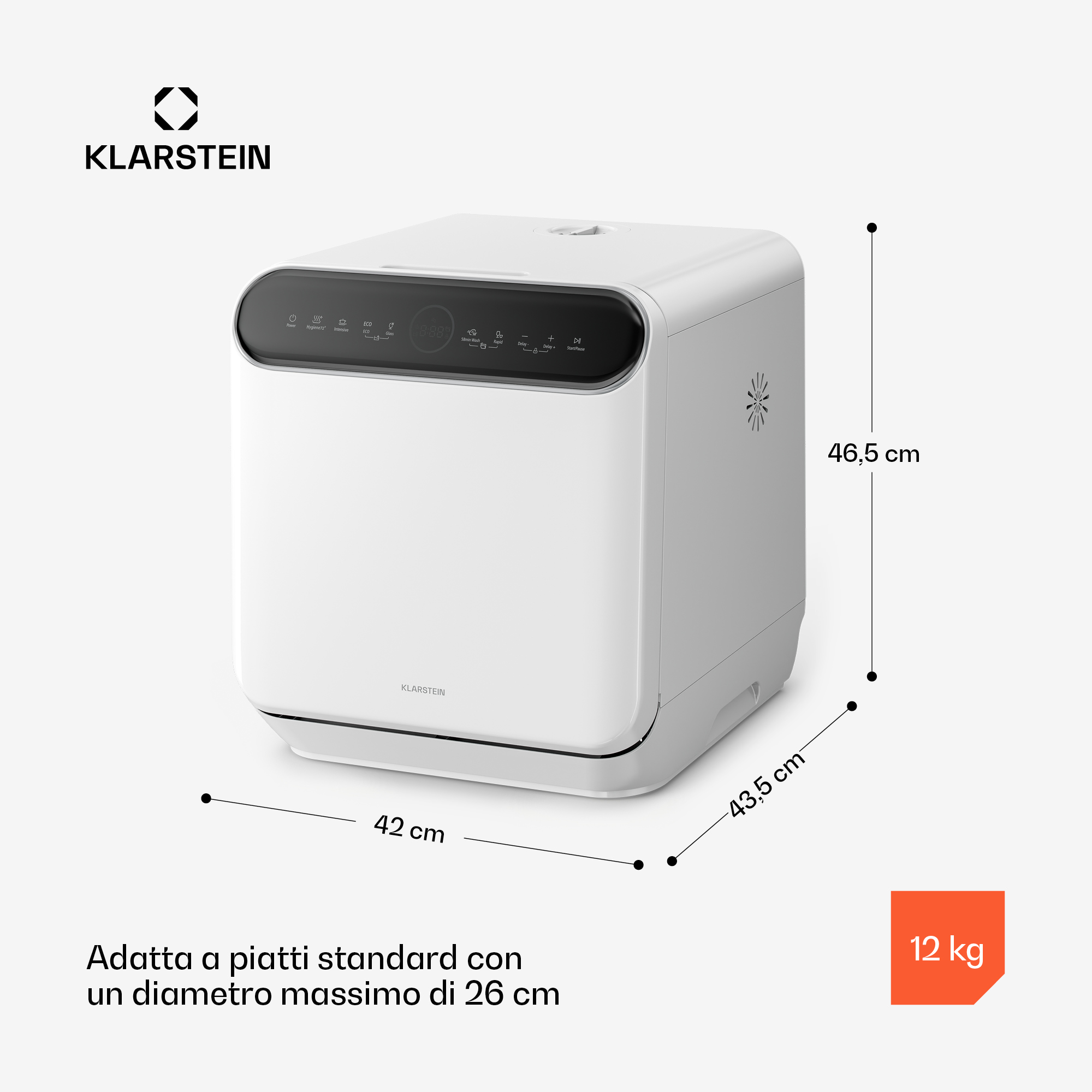 Kompakte weiße Klarstein Spülmaschine mit Abmessungen von 42x46,5x43,5 cm und einem Gewicht von 12 kg.