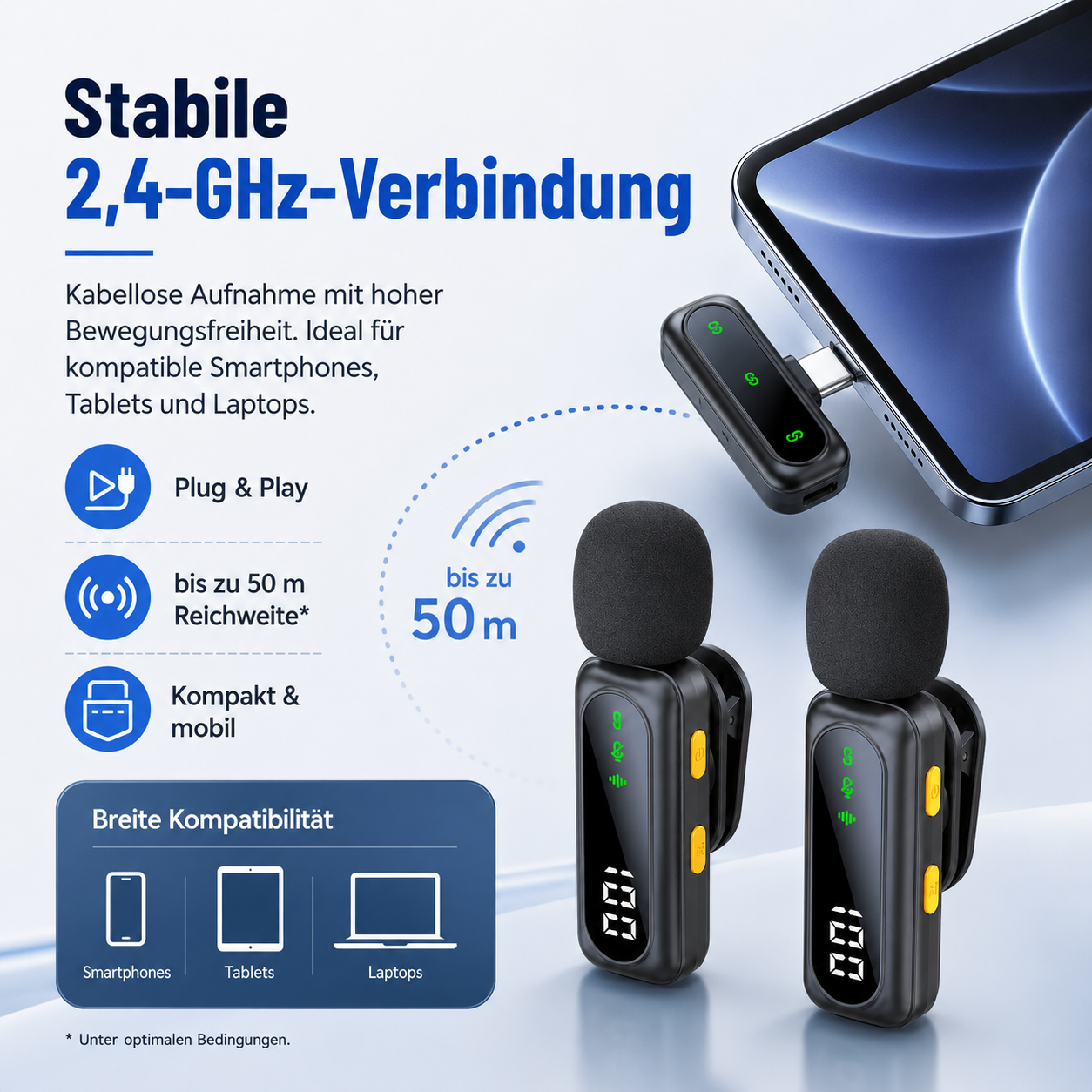 Zwei schwarze Lavallier-Mikrofone, ein Empfänger am Smartphone und blaue Grafiken mit Text.
