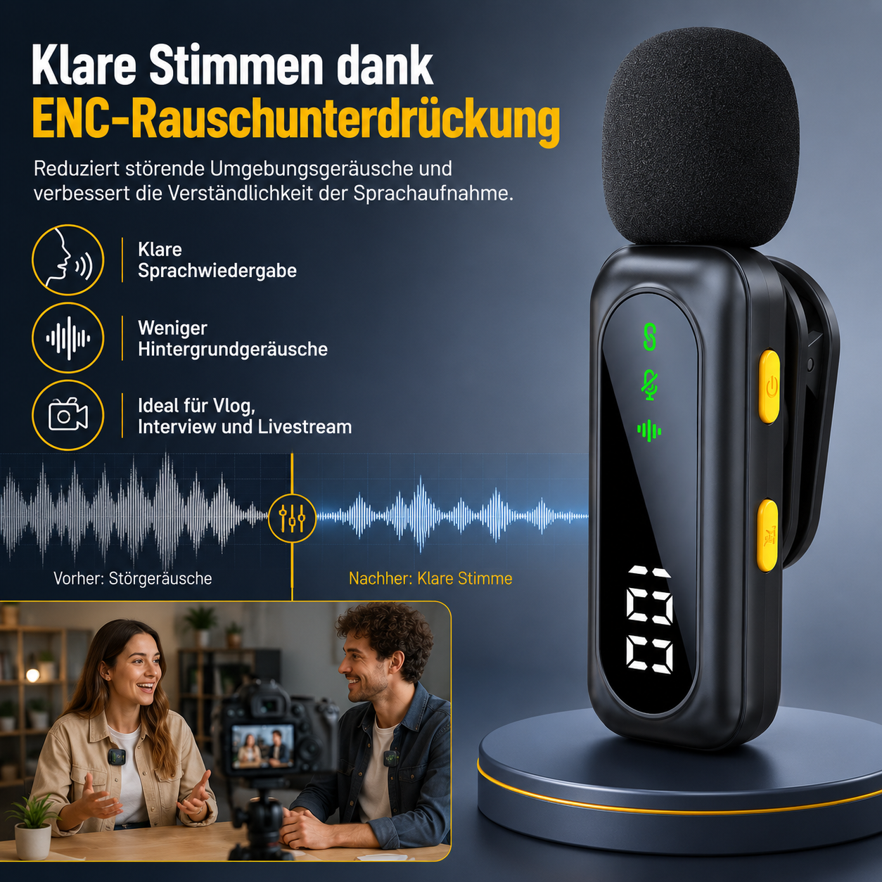 Schwarzes Ansteckmikrofon mit Windschutz und digitaler Anzeige vor grauem Hintergrund mit Text und Symbolen.