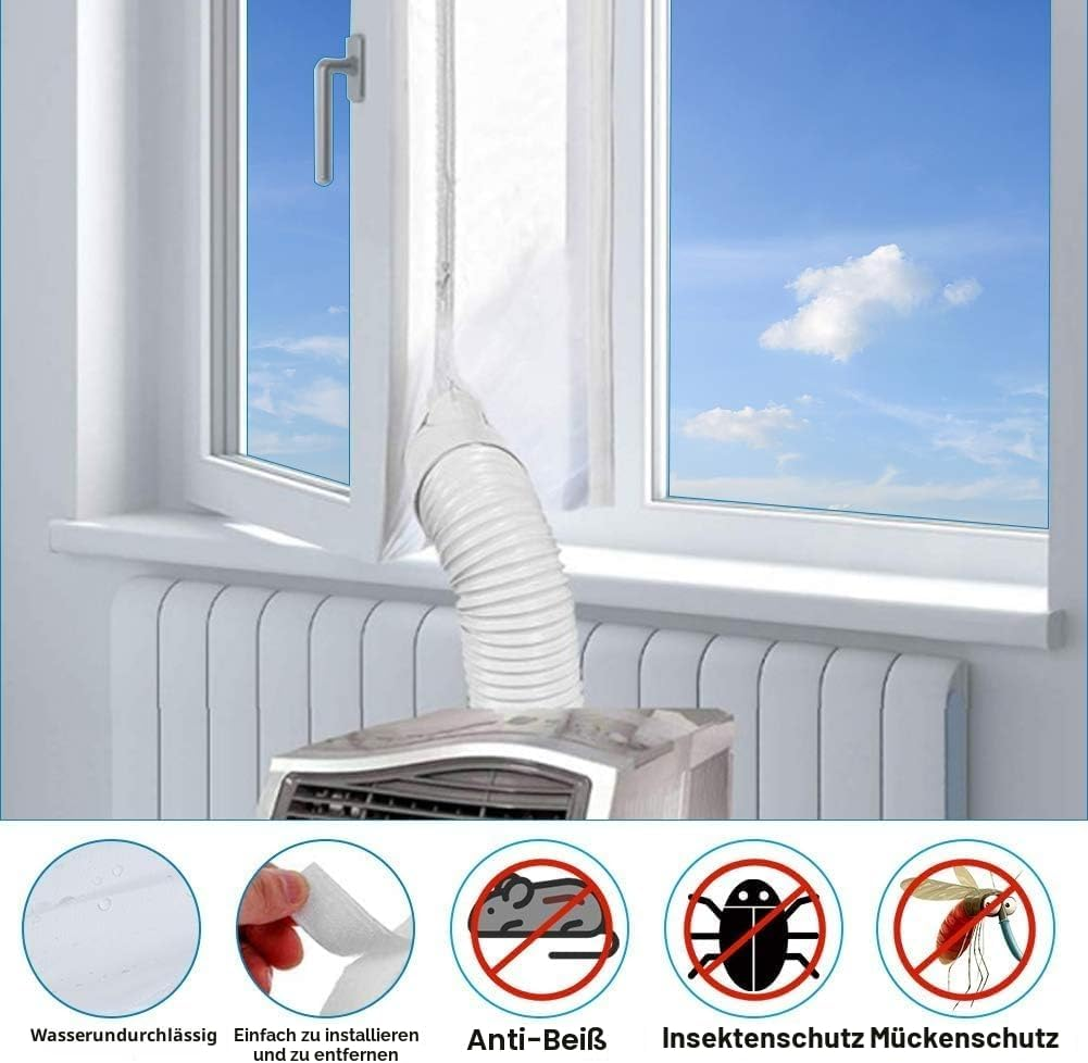 Klimaanlagenschlauch im Fenster mit Abdichtung und Symbolen für Wasser-, Mücken- und Insektenschutz.