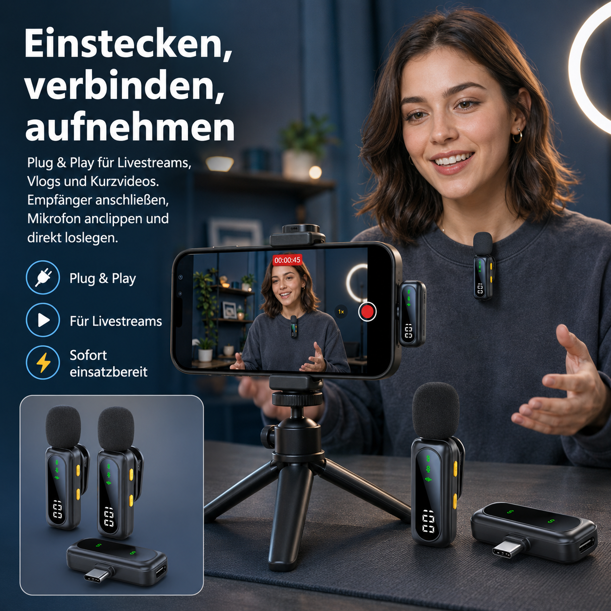 Eine Frau nutzt ein Clip-Mikrofon, das per Smartphone und Stativ für Livestreams und Vlogs verwendet wird.