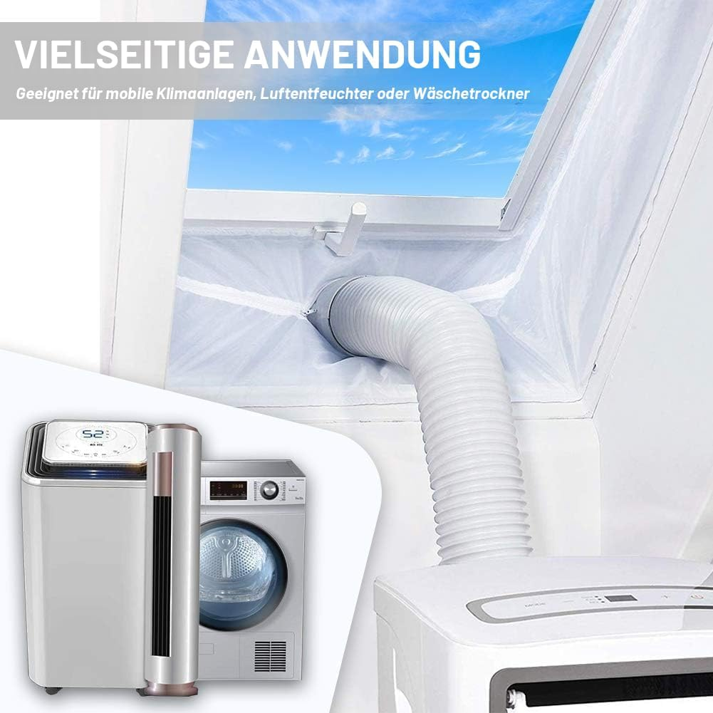 Klimaanlagen-Abluftschlauch im Fenster installiert, mit Klimaanlage und Trockner als Inset.
