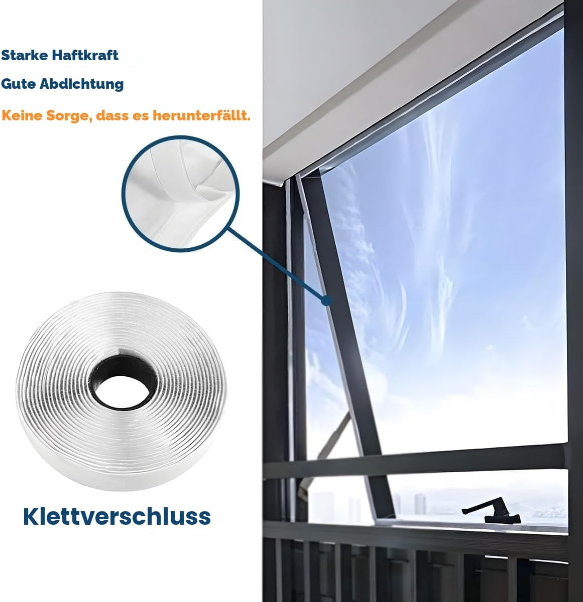 Eine Rolle Klettverschluss und ein vergrößerter Ausschnitt zeigen die starke Haftung an einem Fensterrahmen.