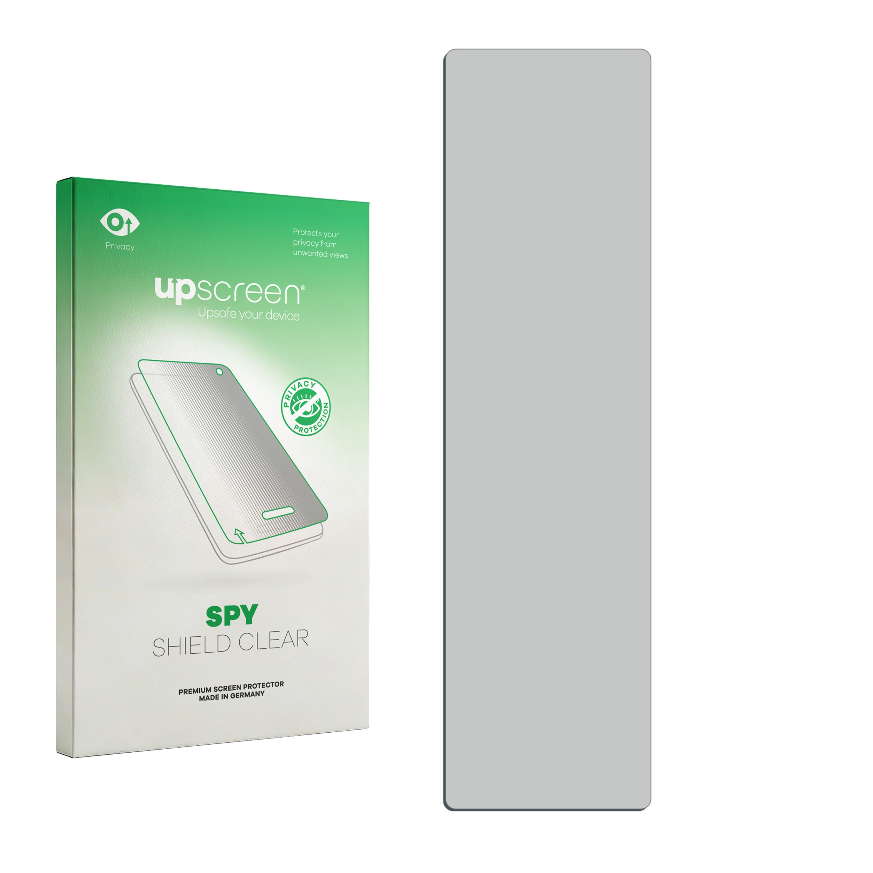 Eine upscreen Spy Shield Clear Displayschutzverpackung neben einem vertikalen, grauen Blickschutzfilter.