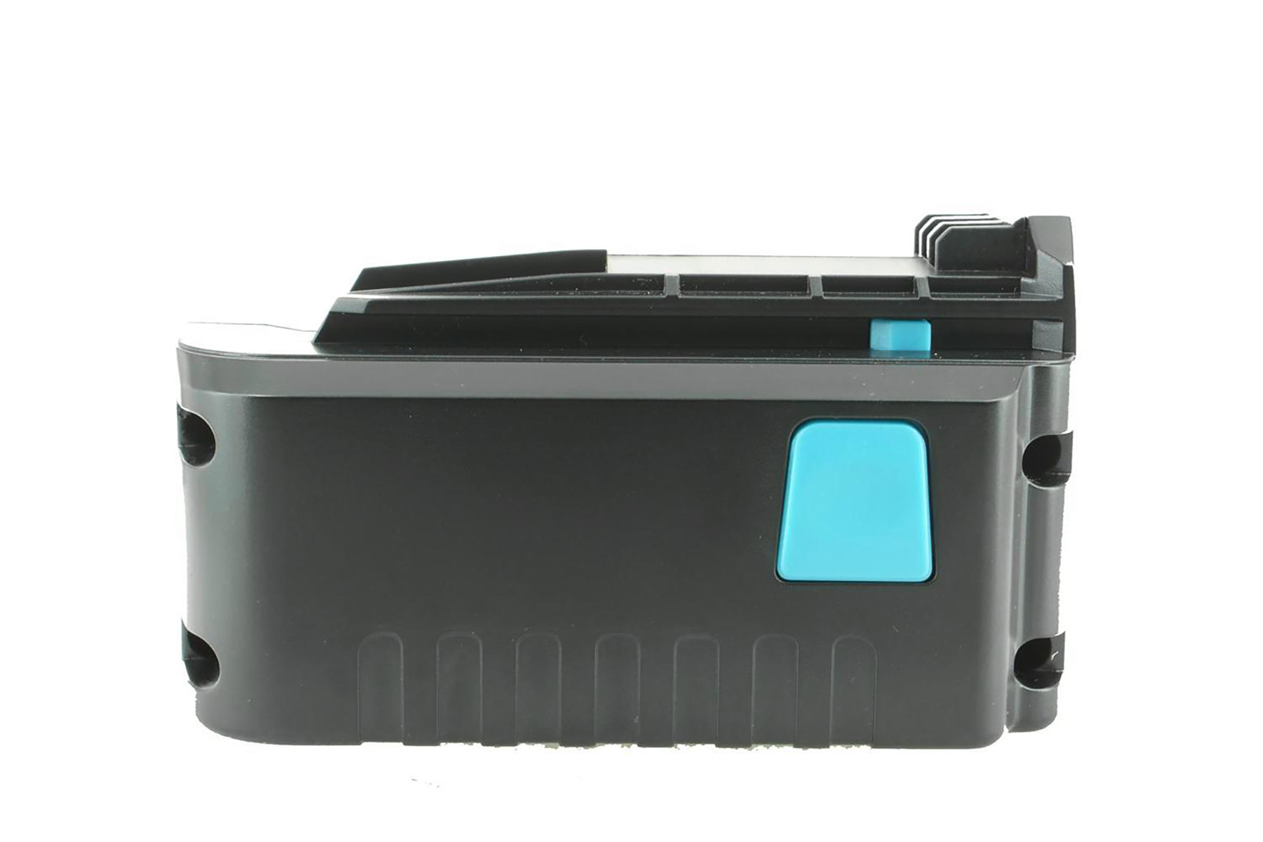 Ein schwarzer Akku für Elektrowerkzeuge mit blauen Entriegelungstasten vor weißem Hintergrund.