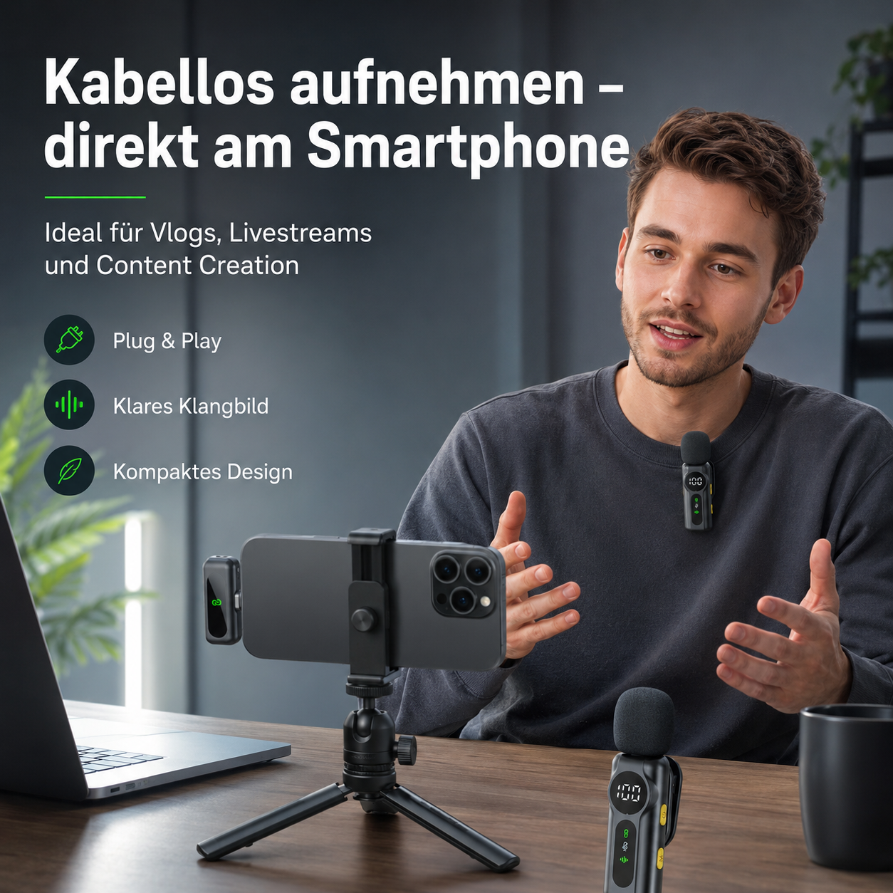 Ein Content Creator spricht vor einem Smartphone auf einem Stativ, mit kabellosen Mikrofonen.