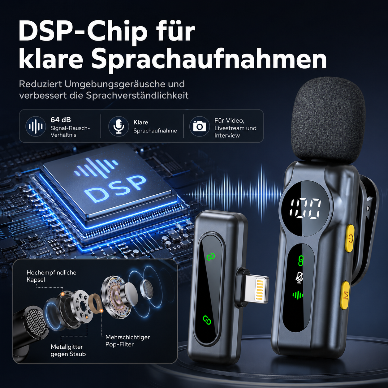 Ein kabelloses Mikrofon mit DSP-Chip, Empfänger und Grafiken zur Geräuschunterdrückung auf dunklem Hintergrund.