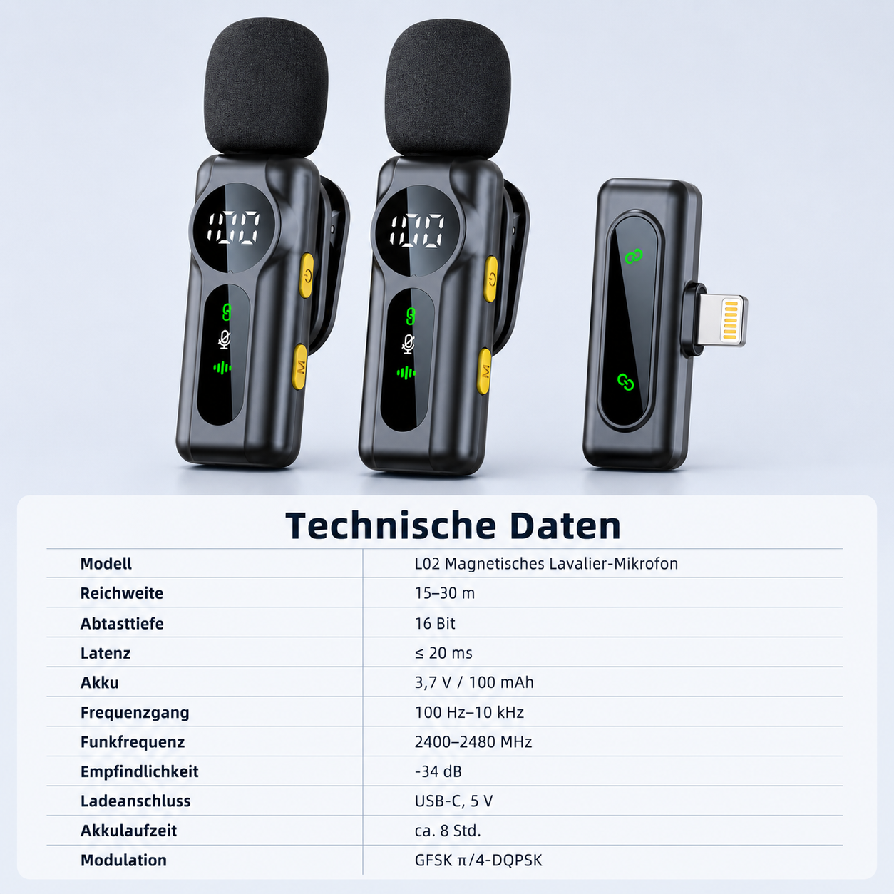 Zwei schwarze Lavalier-Mikrofone mit Display und ein Empfänger sowie technische Daten in einer Tabelle.
