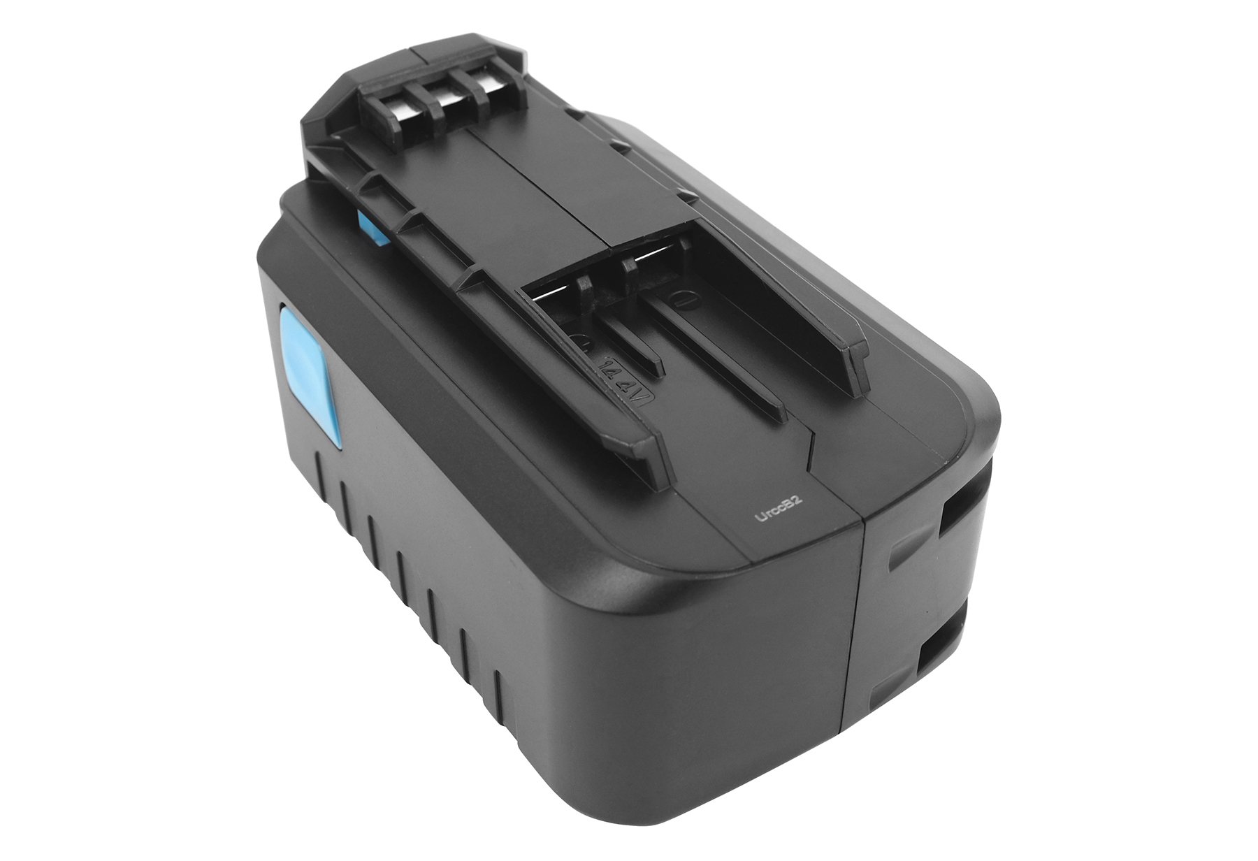 Schwarzer Lithium-Ionen-Akkukasten mit blauen Tasten auf weißem Hintergrund.