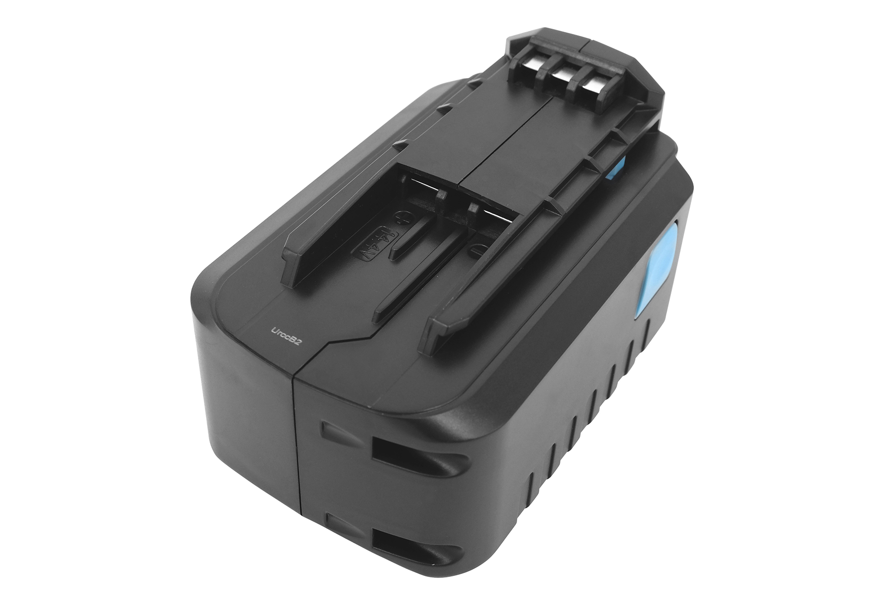 Ein schwarzer Akku für Elektrowerkzeuge mit blauen Details auf weißem Hintergrund.