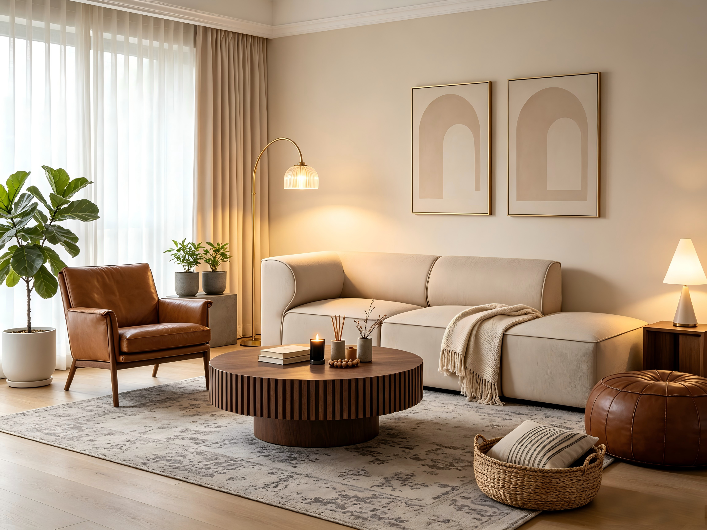Ein helles, modernes Wohnzimmer mit beigem Sofa, Ledersessel, Holztisch, Lampe und Pflanzen.