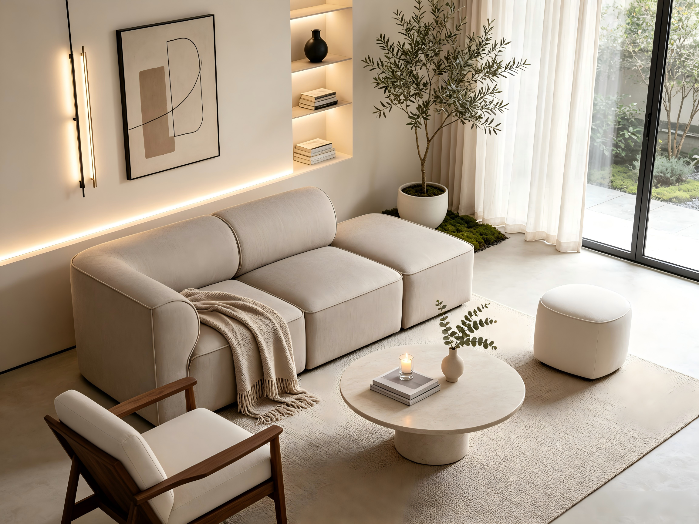 Ein modernes, beiges Wohnzimmer mit Sofa, Sessel, rundem Couchtisch, Topfbaum und abstrakter Kunst.