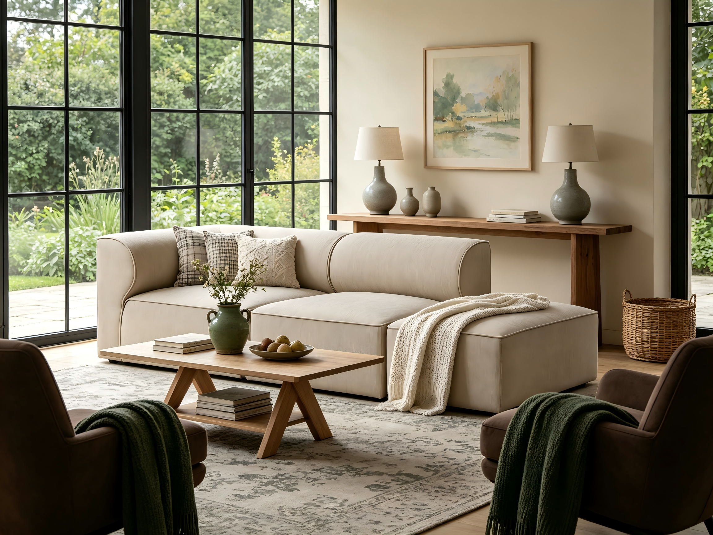 Ein gemütliches Wohnzimmer mit beigem Sofa, Holztisch und großen Fenstern mit Blick ins Grüne.