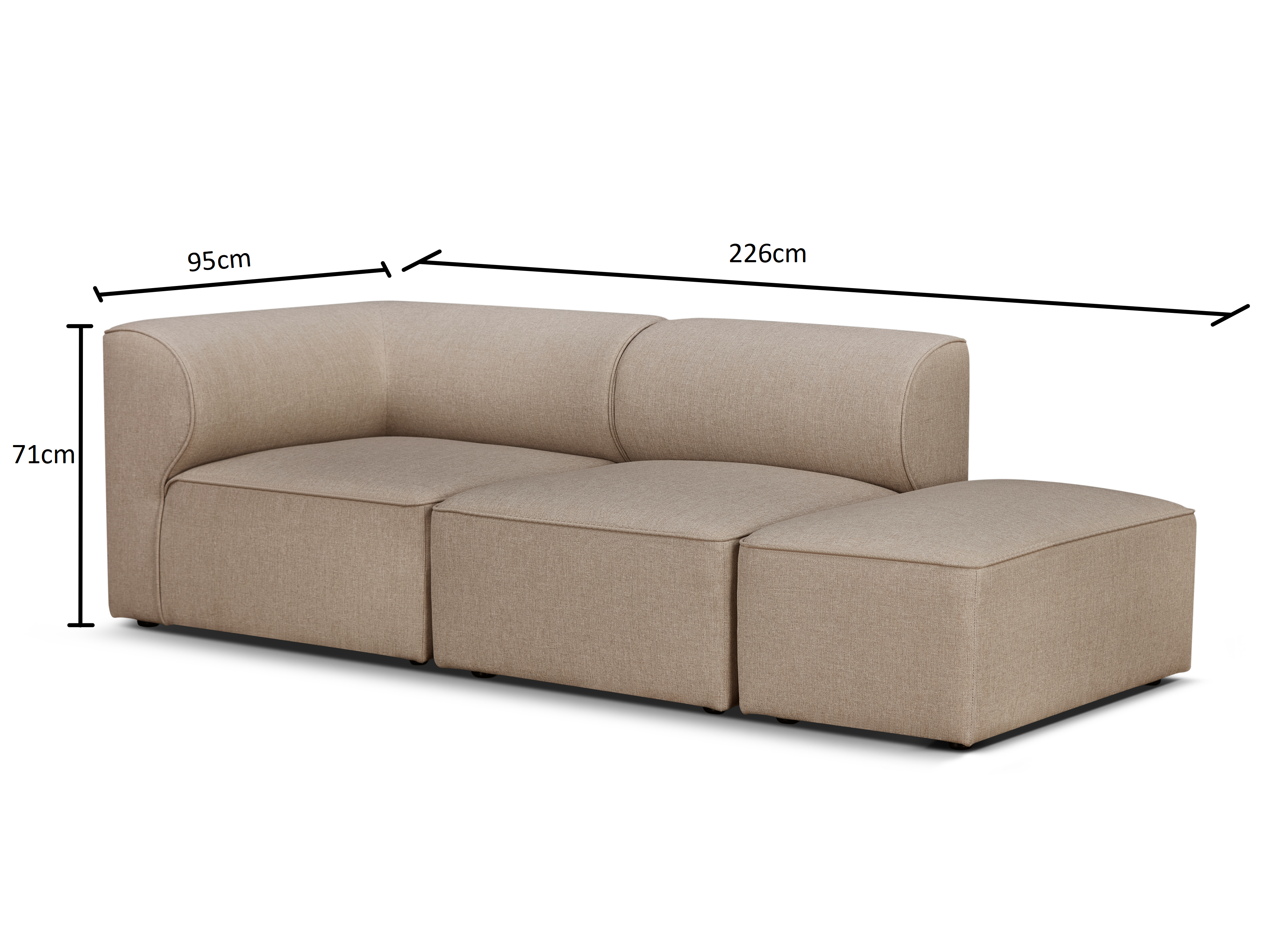 Beige modulare Wohnlandschaft mit Maßlinien, die 226 cm Breite, 95 cm Tiefe und 71 cm Höhe auf weißem Hintergrund zeigen.
