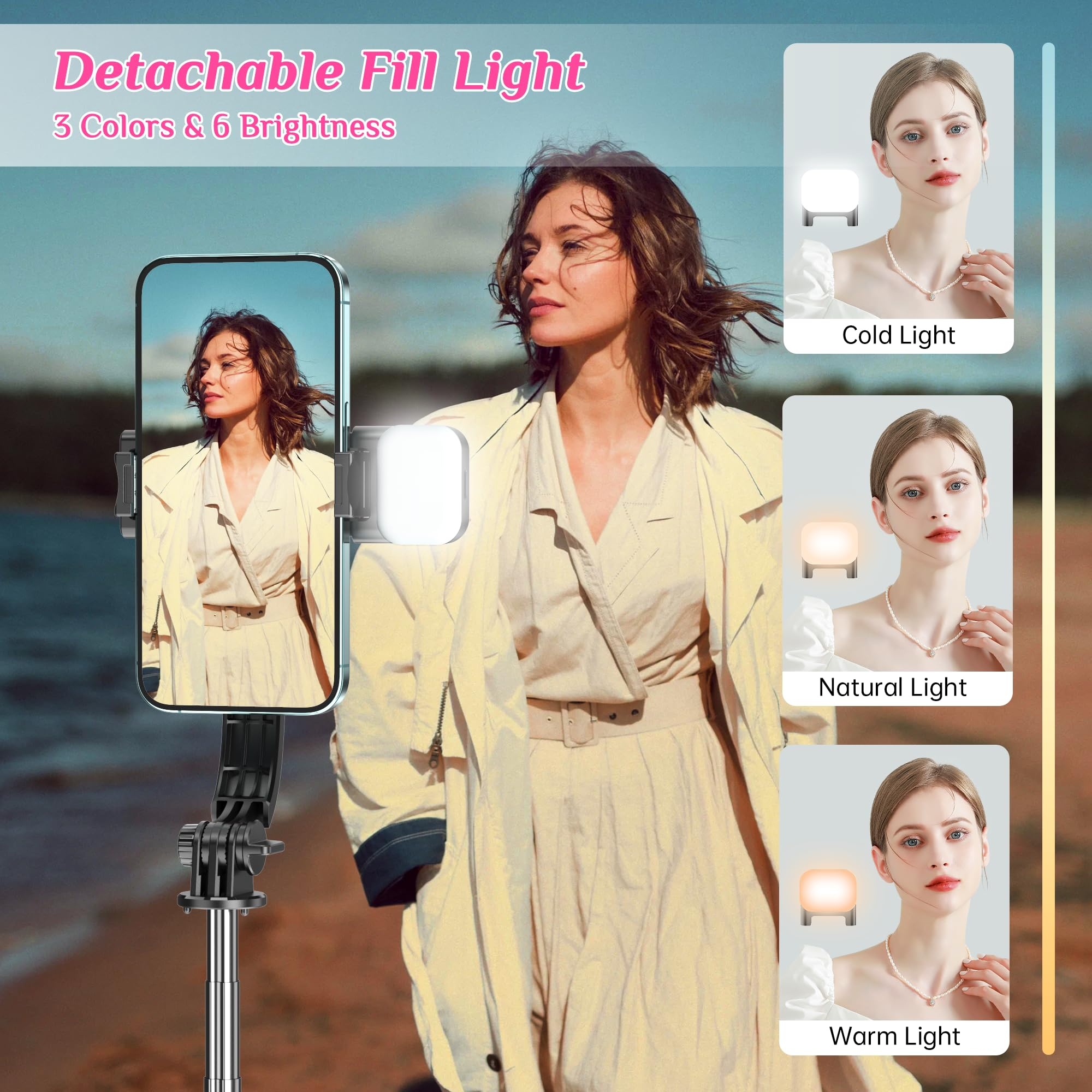 Ein Selfie-Stick mit abnehmbarem Aufhelllicht zeigt kalte, natürliche und warme Lichtmodi.