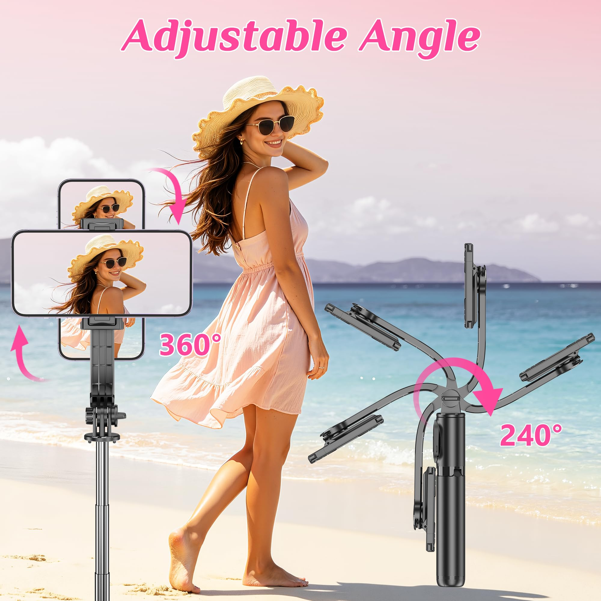 Frau am Strand, rechts verstellbarer Selfie-Stick mit 360 und 240 Grad Winkeln.