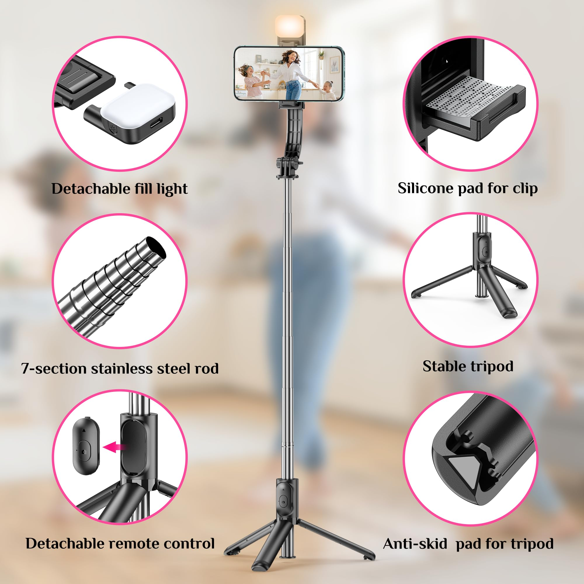 Ein Teleskop-Selfiestick-Stativ mit abnehmbarem Licht, Fernbedienung und Anti-Rutsch-Pads.