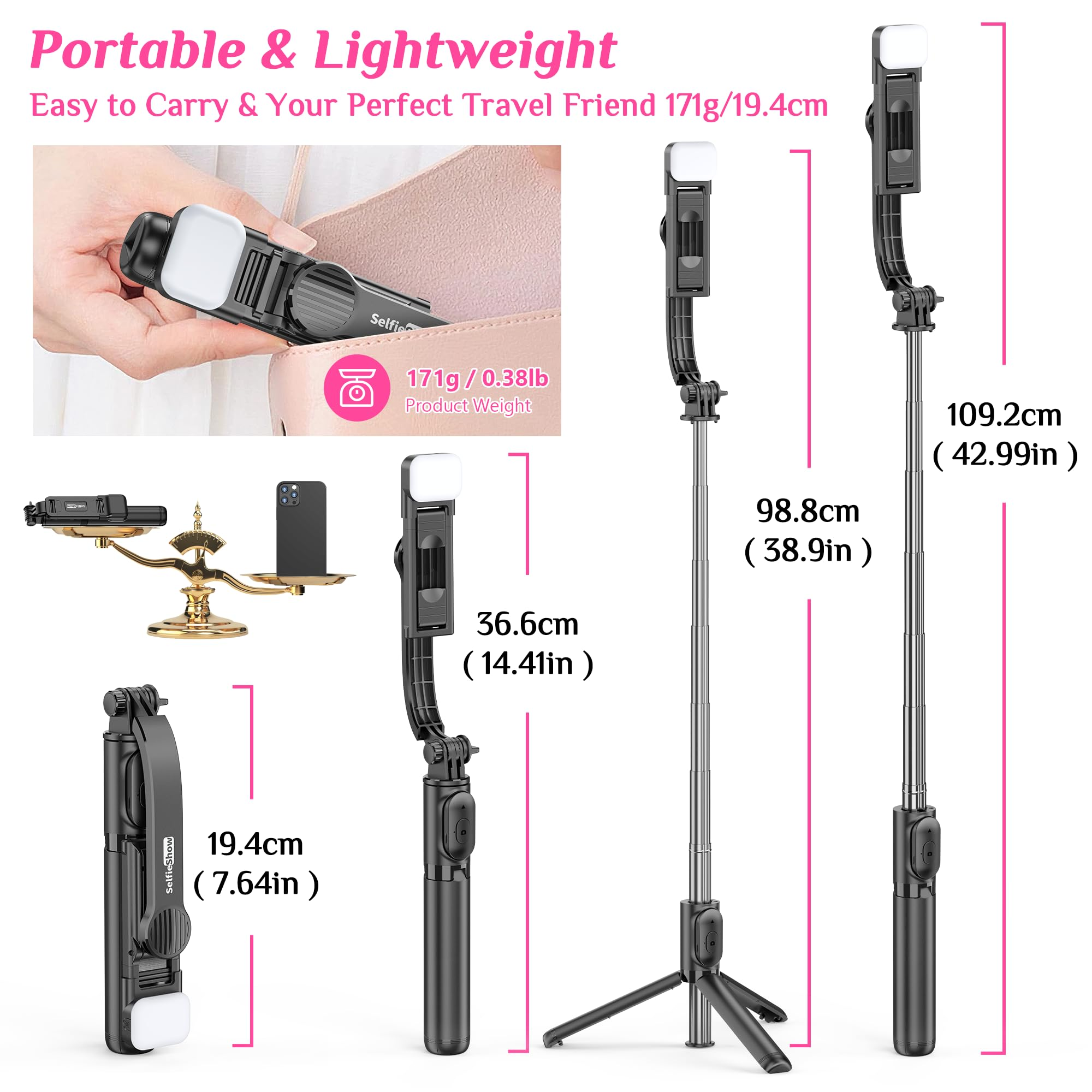 Ein tragbarer Selfie-Stick mit integriertem Licht zeigt verschiedene Längen und Gewichtsangaben.