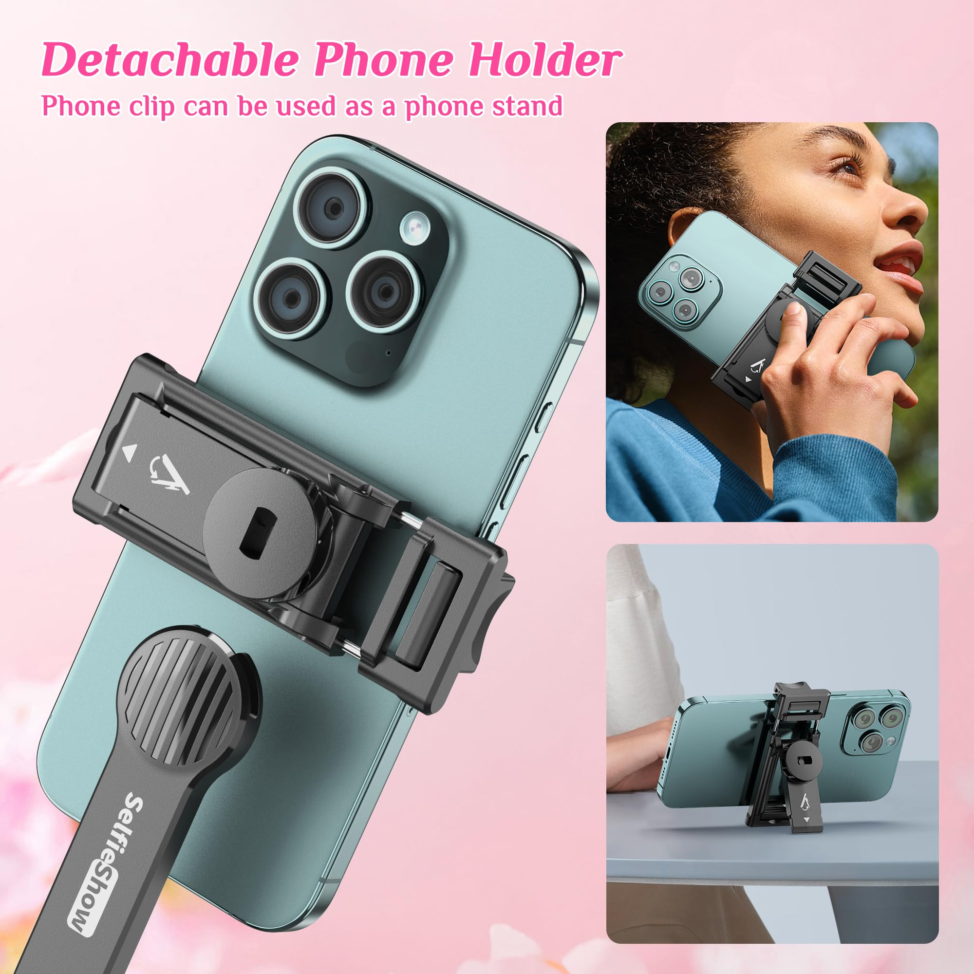 Abnehmbarer Handyhalter, der auch als Ständer genutzt werden kann, an einem Smartphone befestigt.