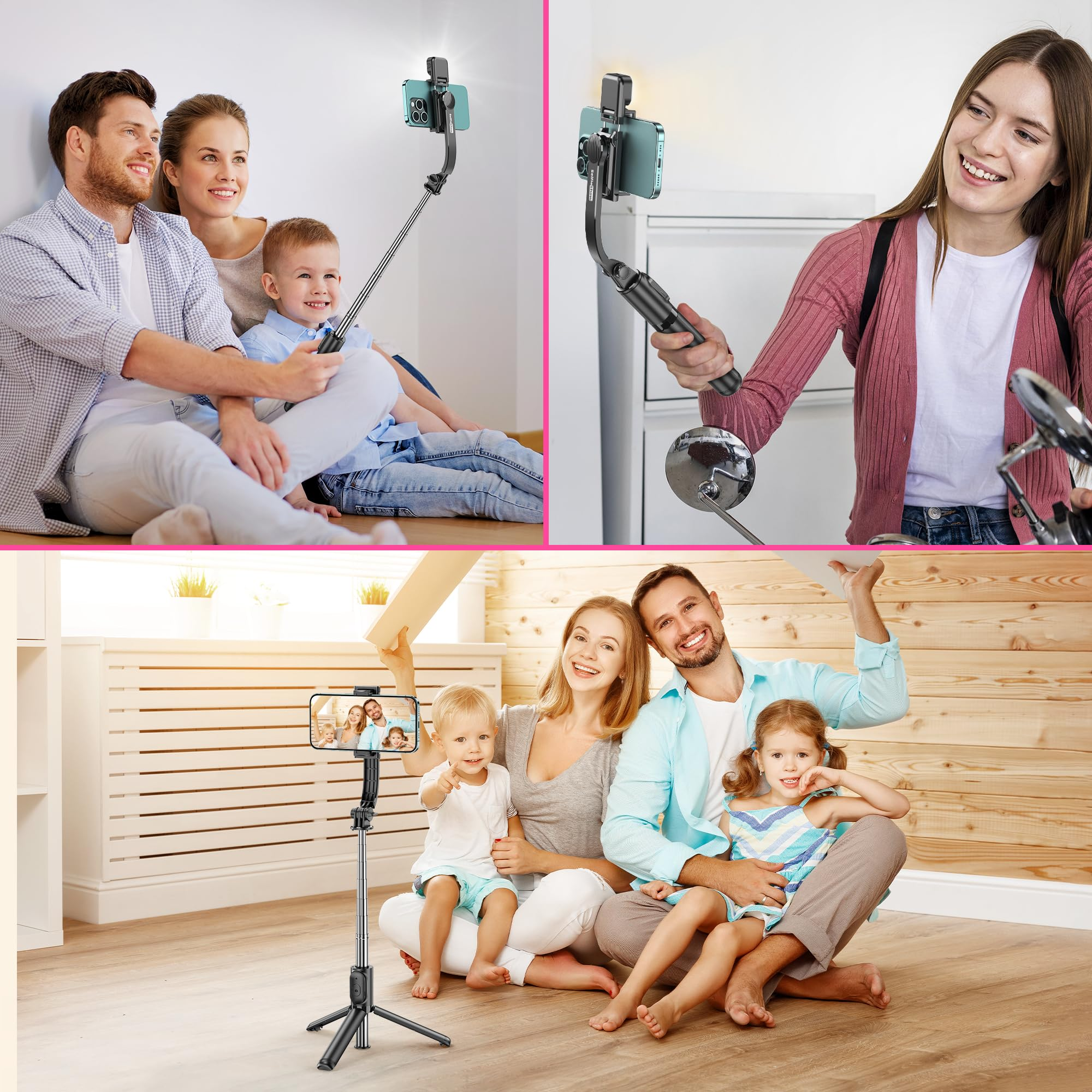 Familien posieren glücklich für Selfies mit einem multifunktionalen Smartphone-Stativ.