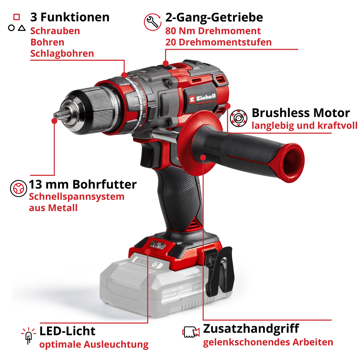 Trapano a batteria rosso e nero con mandrino da 13 mm, motore brushless e luce LED.