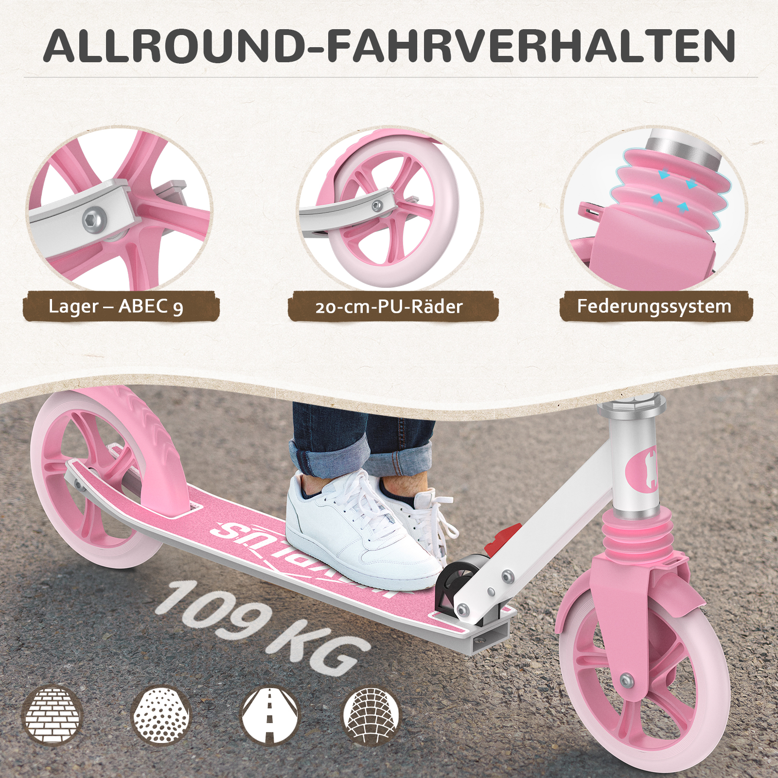 Pinker Roller mit Details wie ABEC 9 Lagern, 20-cm-PU-Rädern und Federungssystem, geeignet für bis zu 109 kg.