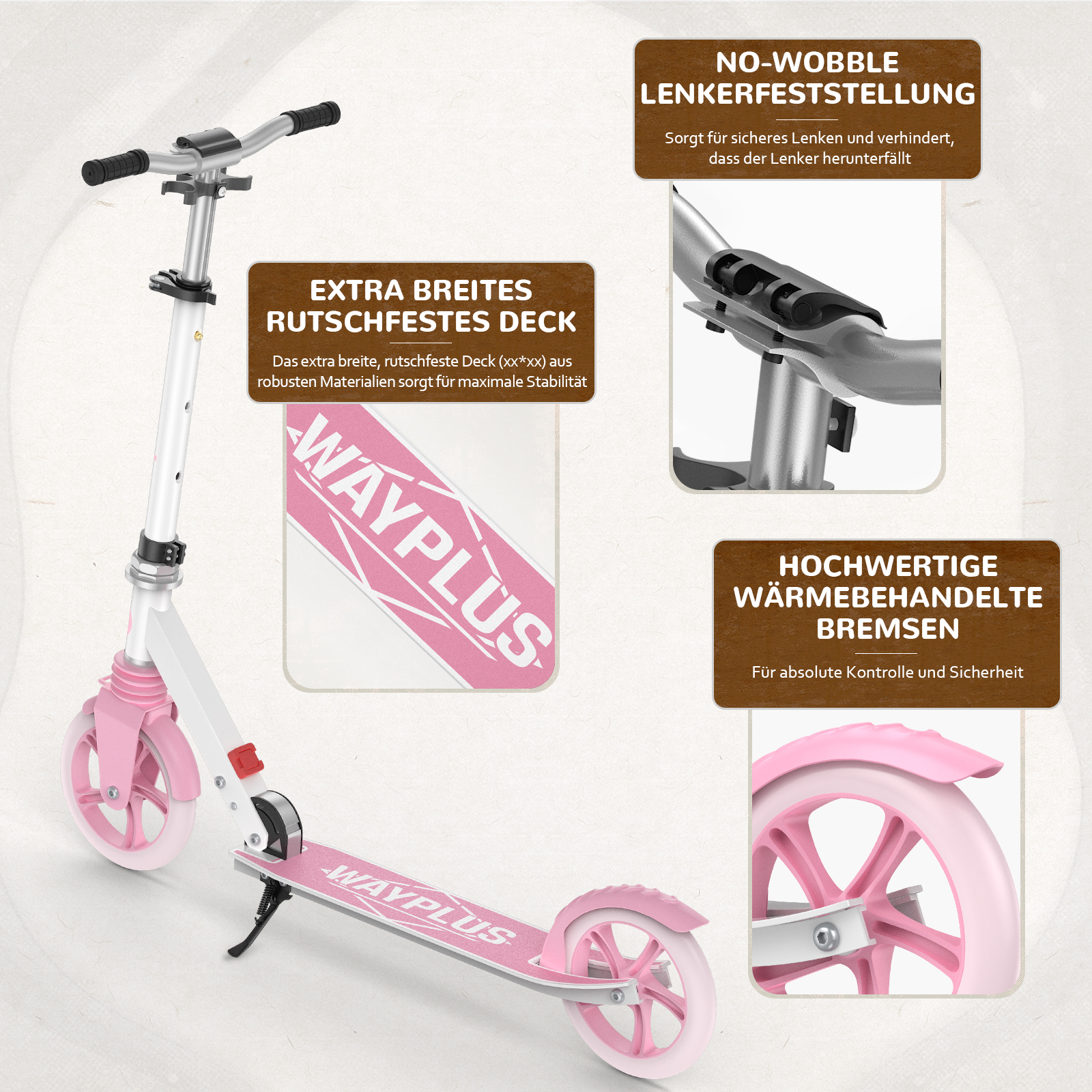Ein weiß-rosa Wayplus Scooter mit Detailaufnahmen von Lenker, Trittbrett und Bremse.