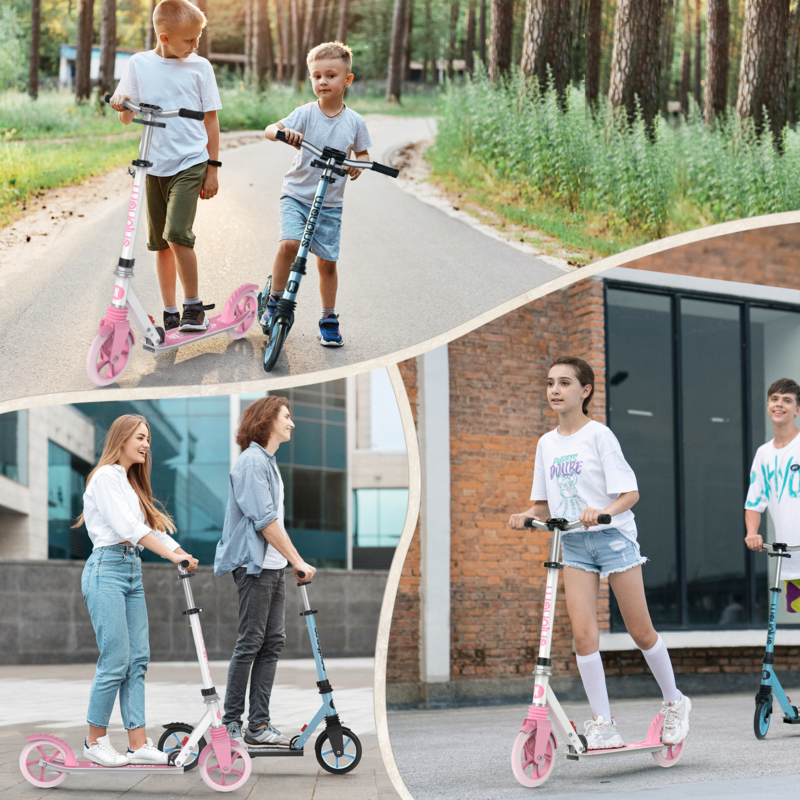 Kinder und Jugendliche fahren auf Kickscootern auf Wegen im Freien.